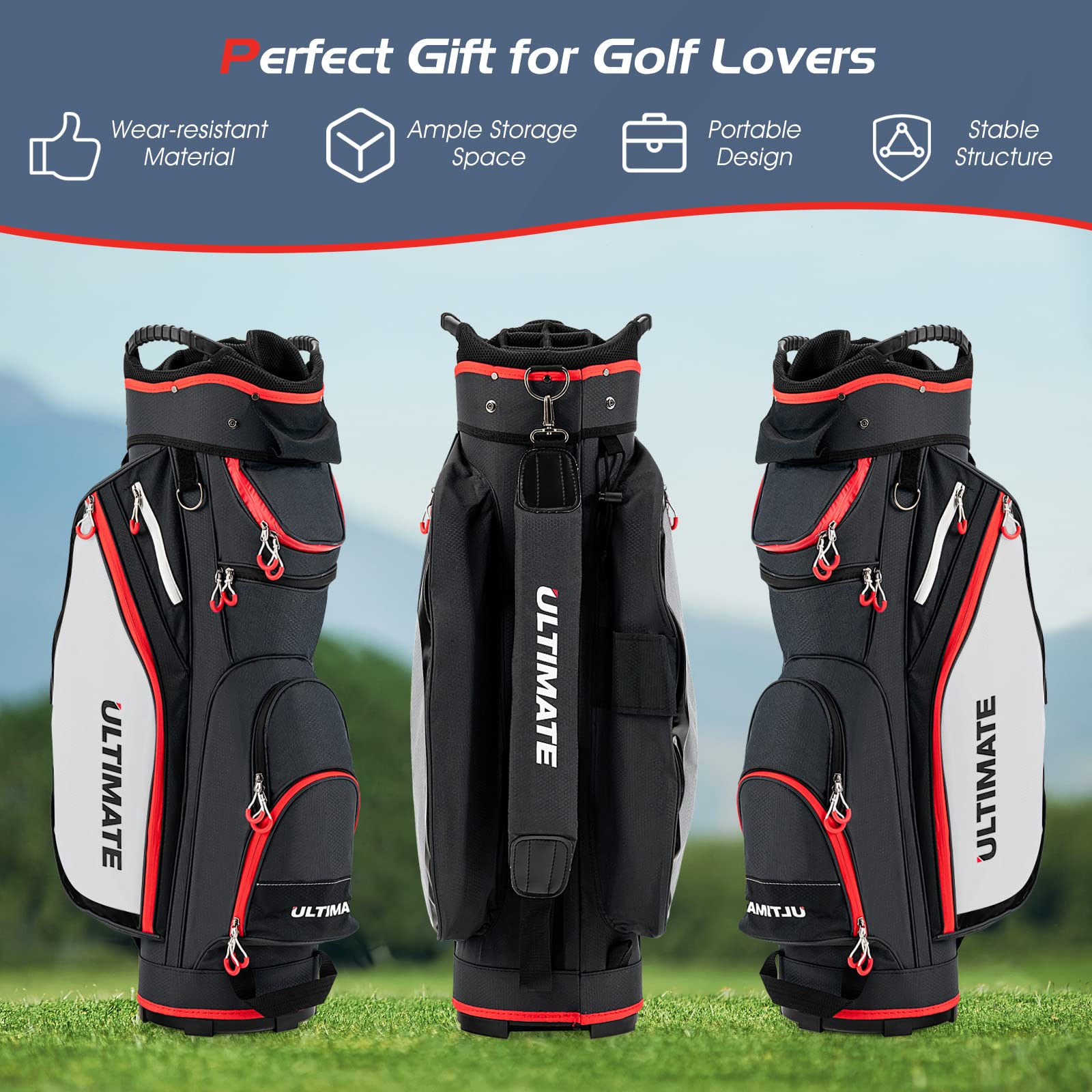 COSTWAY Sac de Golf avec Support 14 Compartiments Séparés 8 Poches Capuche Anti-Pluie Bandoulière Sac Isotherme Léger pour Transporter Grande Capacité