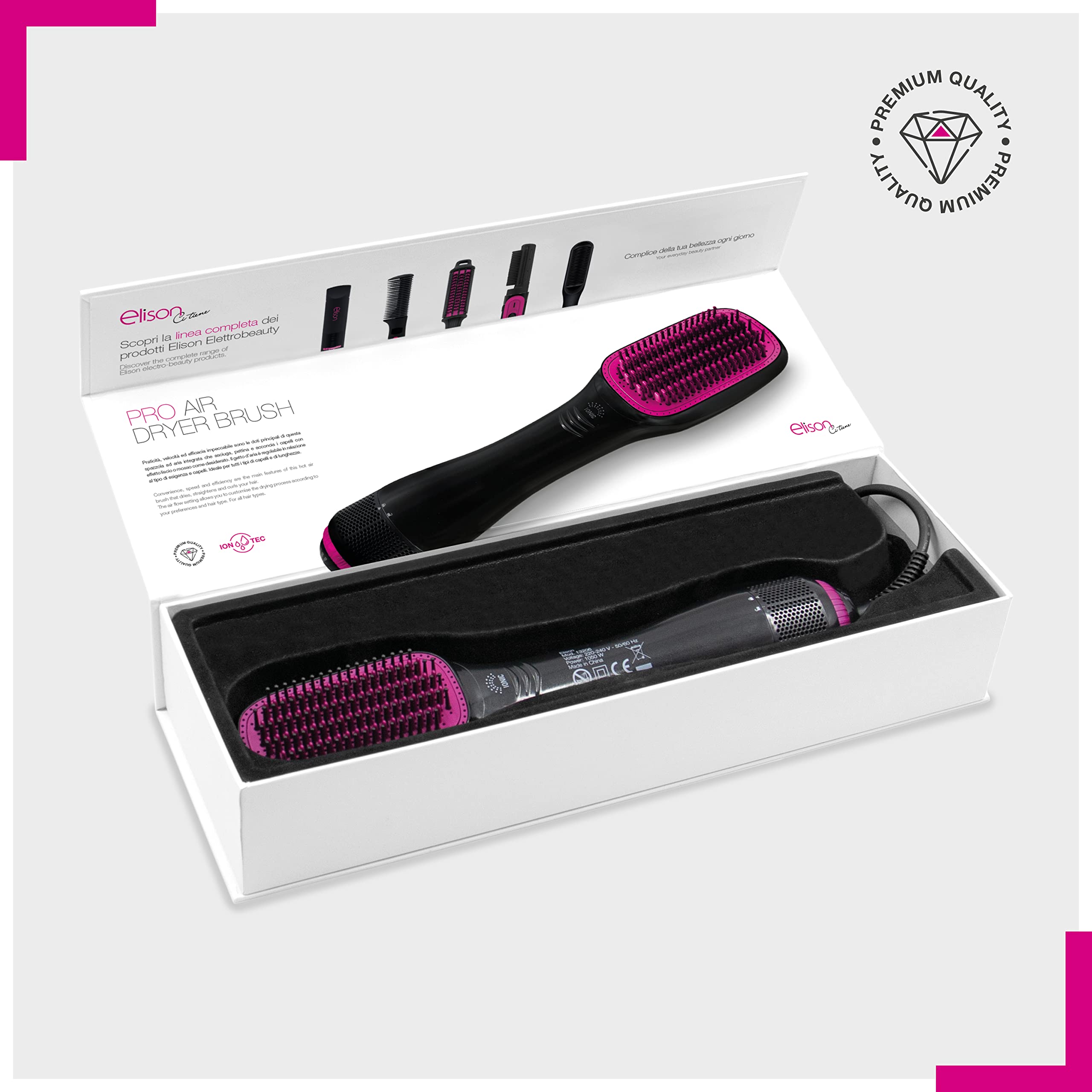 ELISON Elektrische Glättbürste, Warmluftbürste, Ionikbürste, 2 Typen von Zähnen, einstellbare Temperatur, mit Etui, Schwarz-Fuchsia