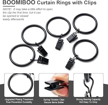 BOOMIBOO 36 Pack Curtain Rings with Clips, Drapery Clips with Rings, Hangers Drapes Rings, Drapery Rings 1.26 inch, Fits up to 1 inch Diameter Curtain Rod, for Hanging Drapes Bows Hat and So On