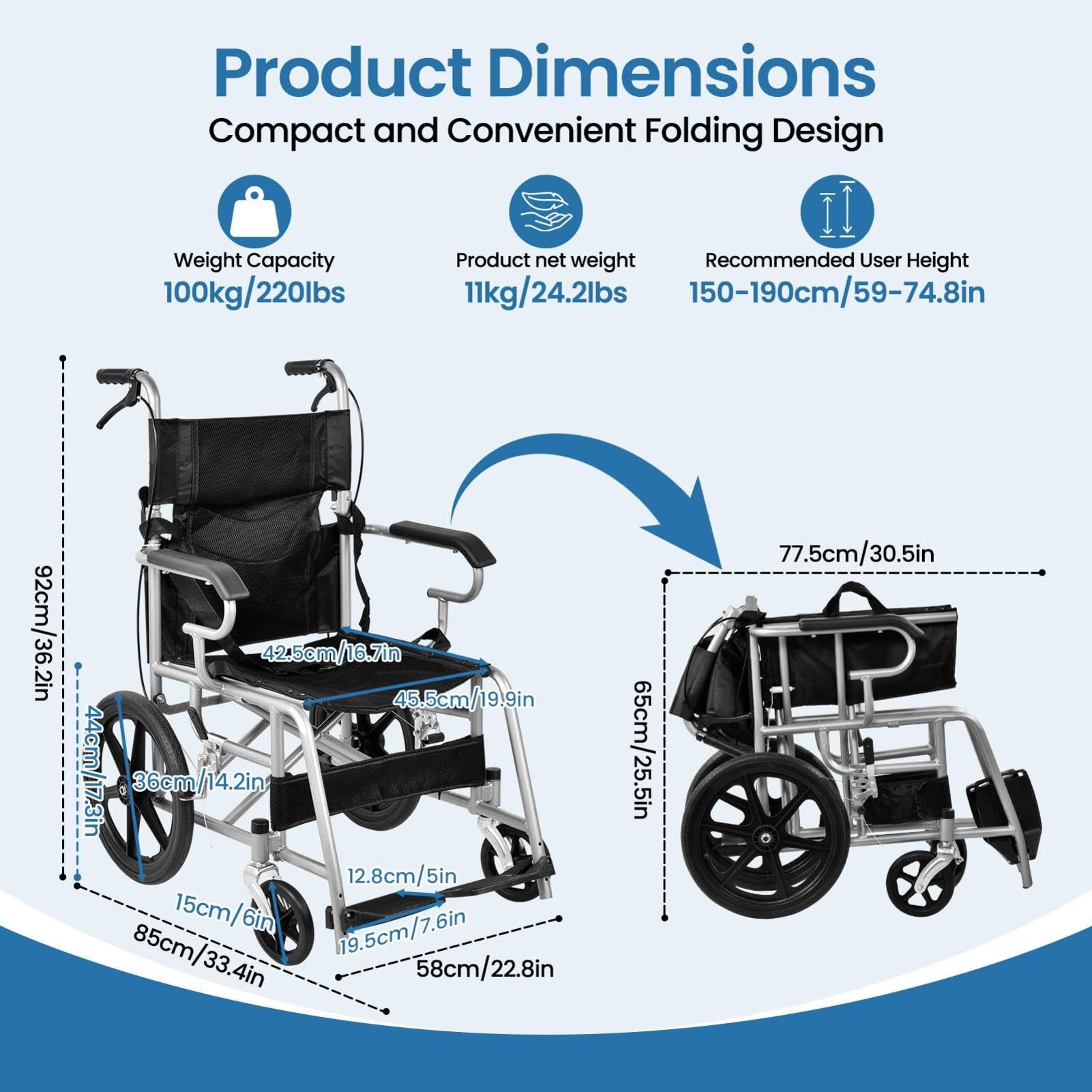Las sillas de ruedas ligeras adultas | Capacidad de carga de 100 kg | Silla de ruedas de viaje ultraligera portátil plegable área del asiento 45,5 cm | Para personas mayores y discapacitadas