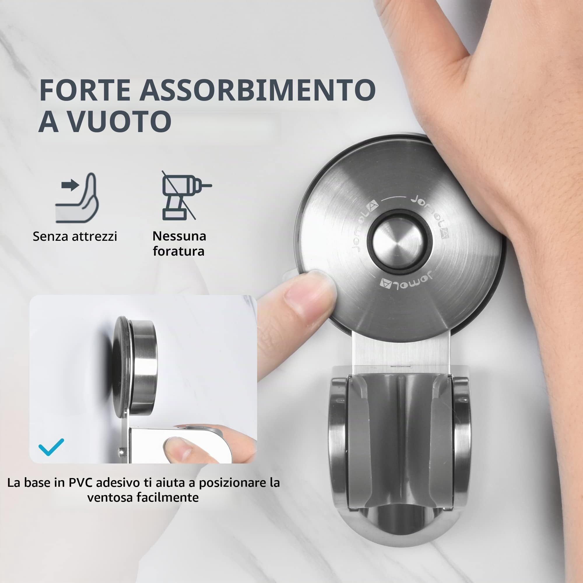 JOMOLA Supporto Doccia Ventosa rimovibile Supporto per soffione doccia a ventosa Riutilizzabile senza trapano Impermeabile Acciaio Inossidabile Supporto per doccia regolabile a 45° Argento