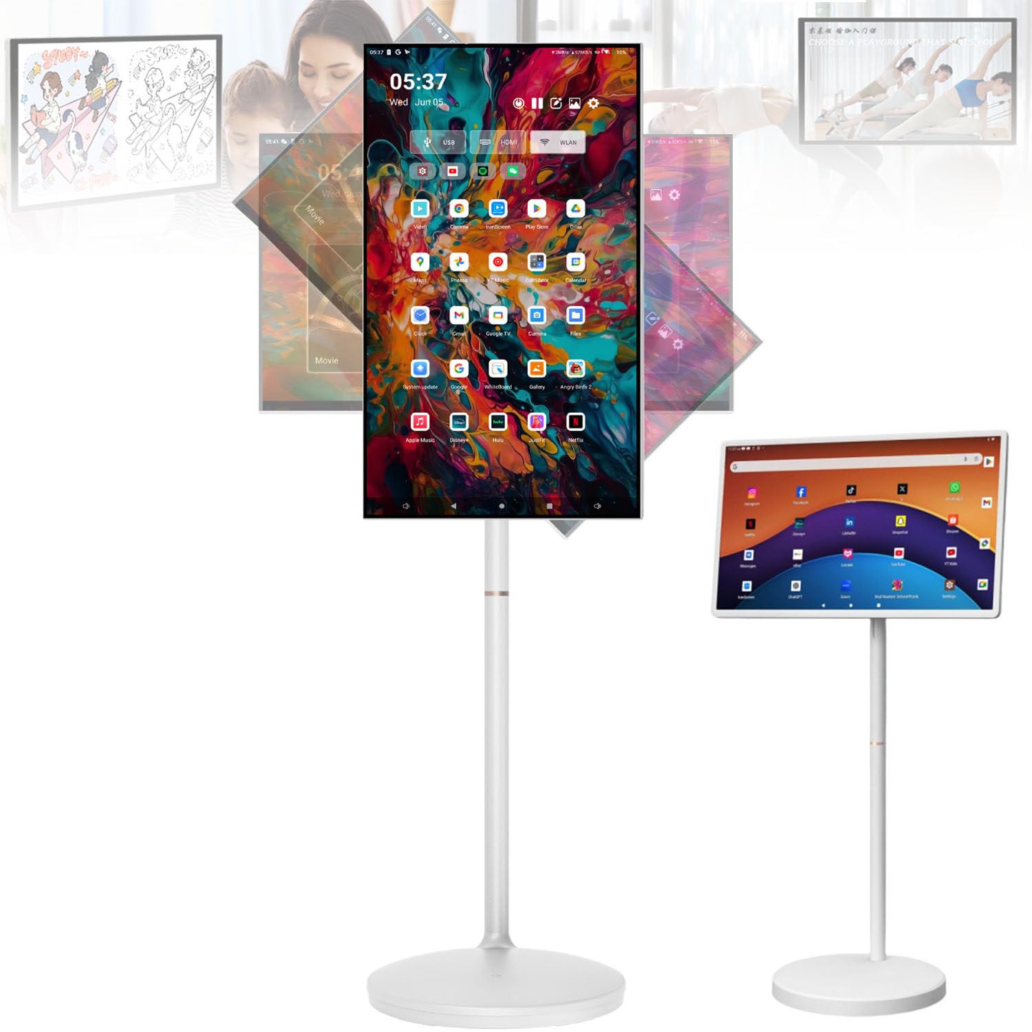 GEJLELDS Smart Portable TV with Touchscreen Display, Wireless Portable TV on Wheels, 21.5"/24"/27"/32" Full HD Mobile TV Stand, Movable Touch Screen Full Swivel Rotation with Android OS 21.5in-4G64G