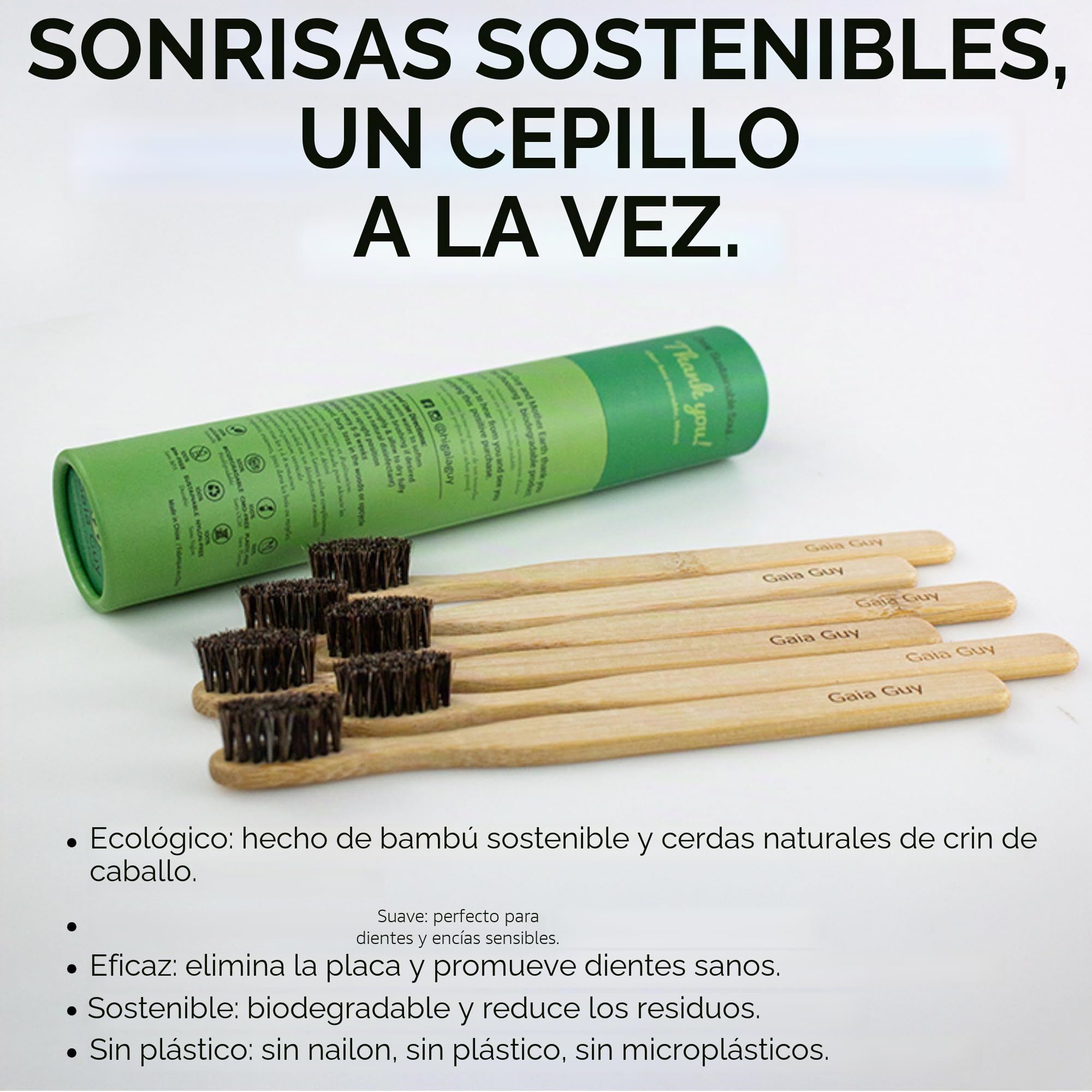 Gaia Guy Cepillo de dientes de bambú de cerdas naturales suaves (sin nailon, solo crin de caballo), totalmente compostable y biodegradable, cerdas suaves de pelo de caballo y cepillos de dientes de