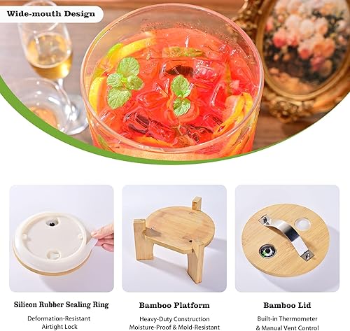 Miniatura 7 de Dispensador de bebidas de vidrio grande de 1.2 galones para fiestas, dispensador de bebidas con soporte de madera de bambú y grifo de acero