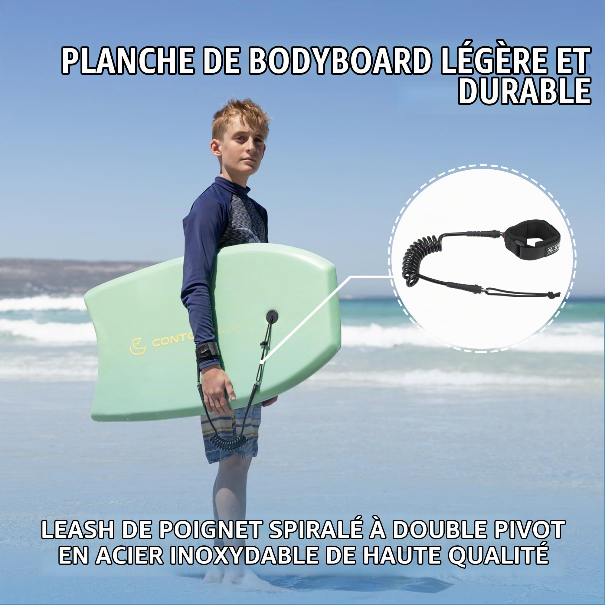 Planche de Bodyboard Reed de 83,8 cm pour Enfants de Plage avec Noyau EPS léger, Double Canal pivotant, Laisse enroulée pour Tous Les Niveaux de Surf
