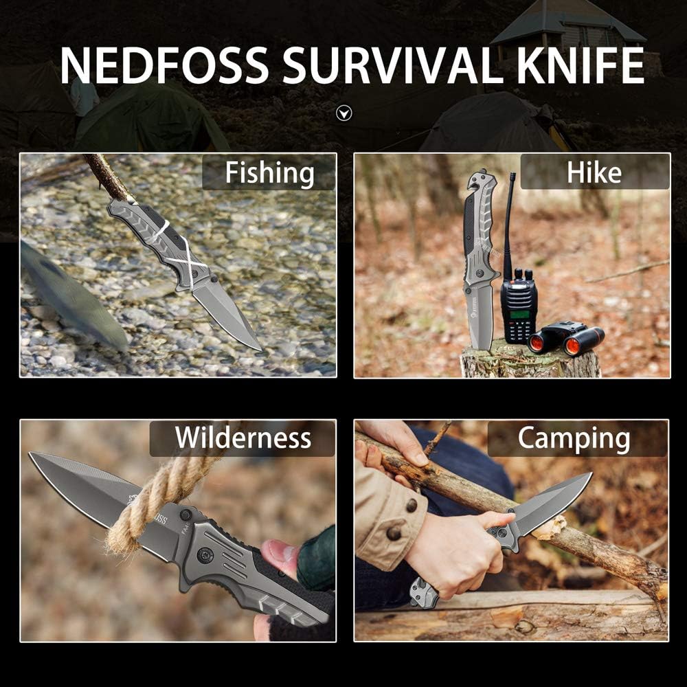 NedFoss FA46 Pocket Knife for Men, 3-in-1 Multitool Tactical Knife with Glass Breaker & Seat Belt Cutter, Fishing Work Knives for Outdoor Camping, Emergency Rescue