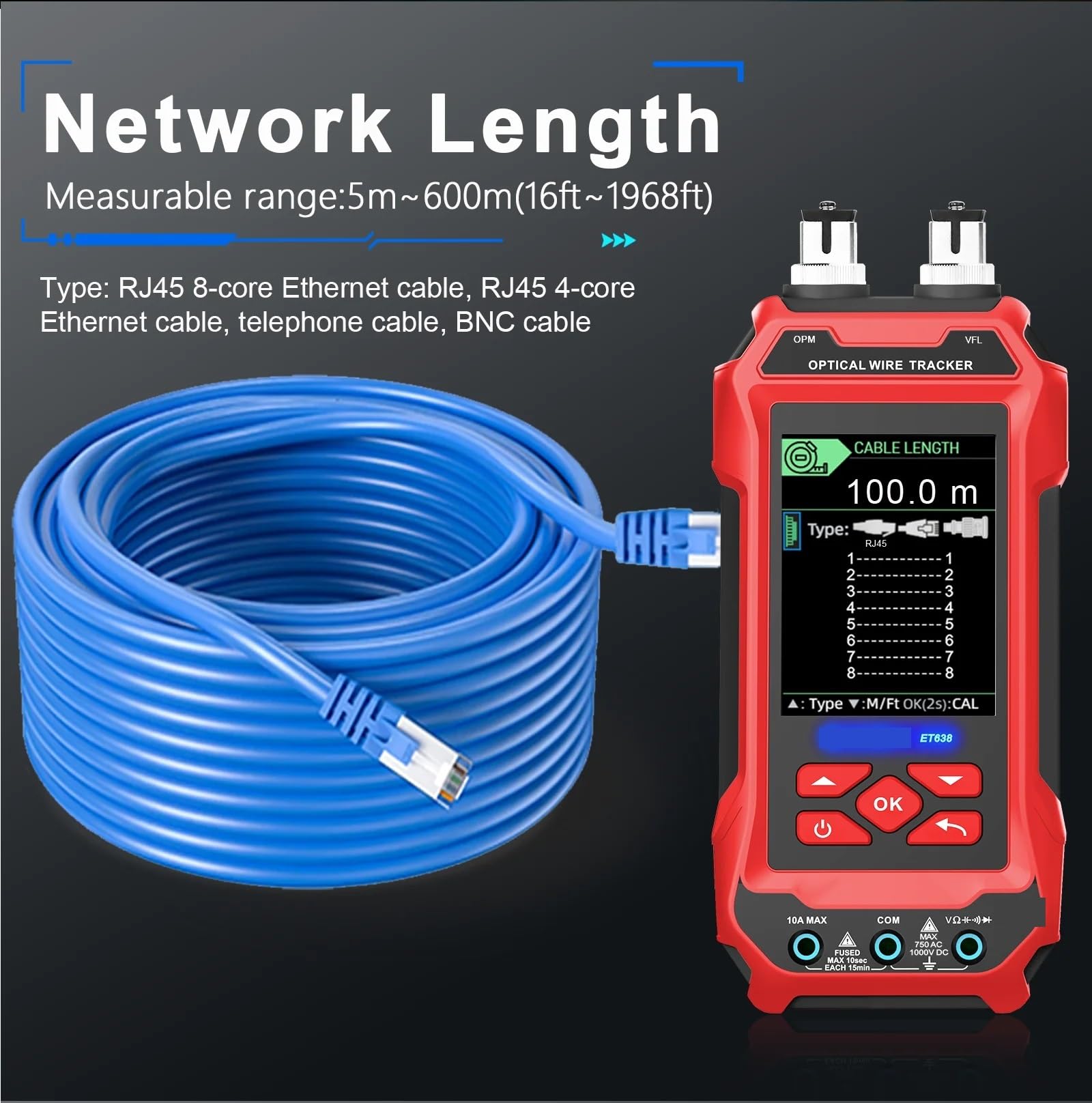 Tester per cavi di rete, Tester for cavi di rete ET636 ET638 Misuratore potenza in fibra ottica multifunzione 4 in 1 Localizzatore visivo guasti(ET638)