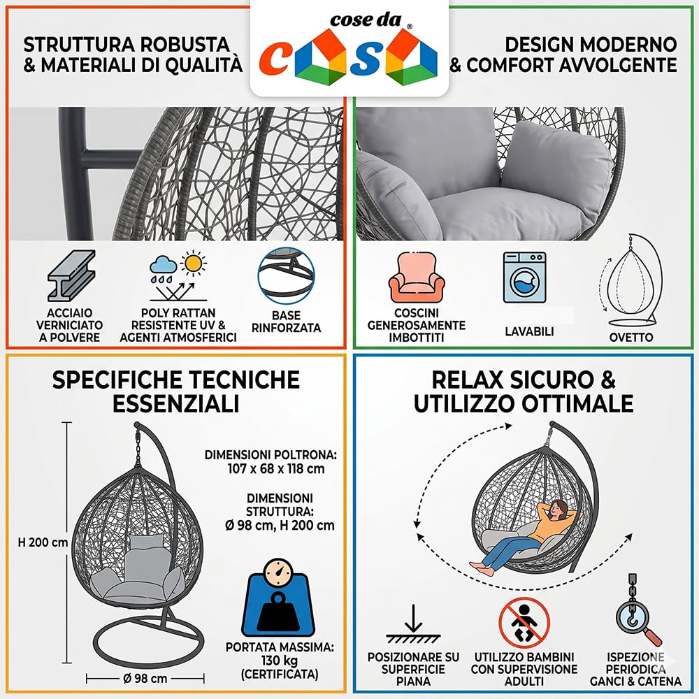 Poltrona a dondolo sospesa con cuscini sedia pensile per patio giardino terrazzo Poly Rattan Per Interno Esterno Ovetto Portata 130 Kg