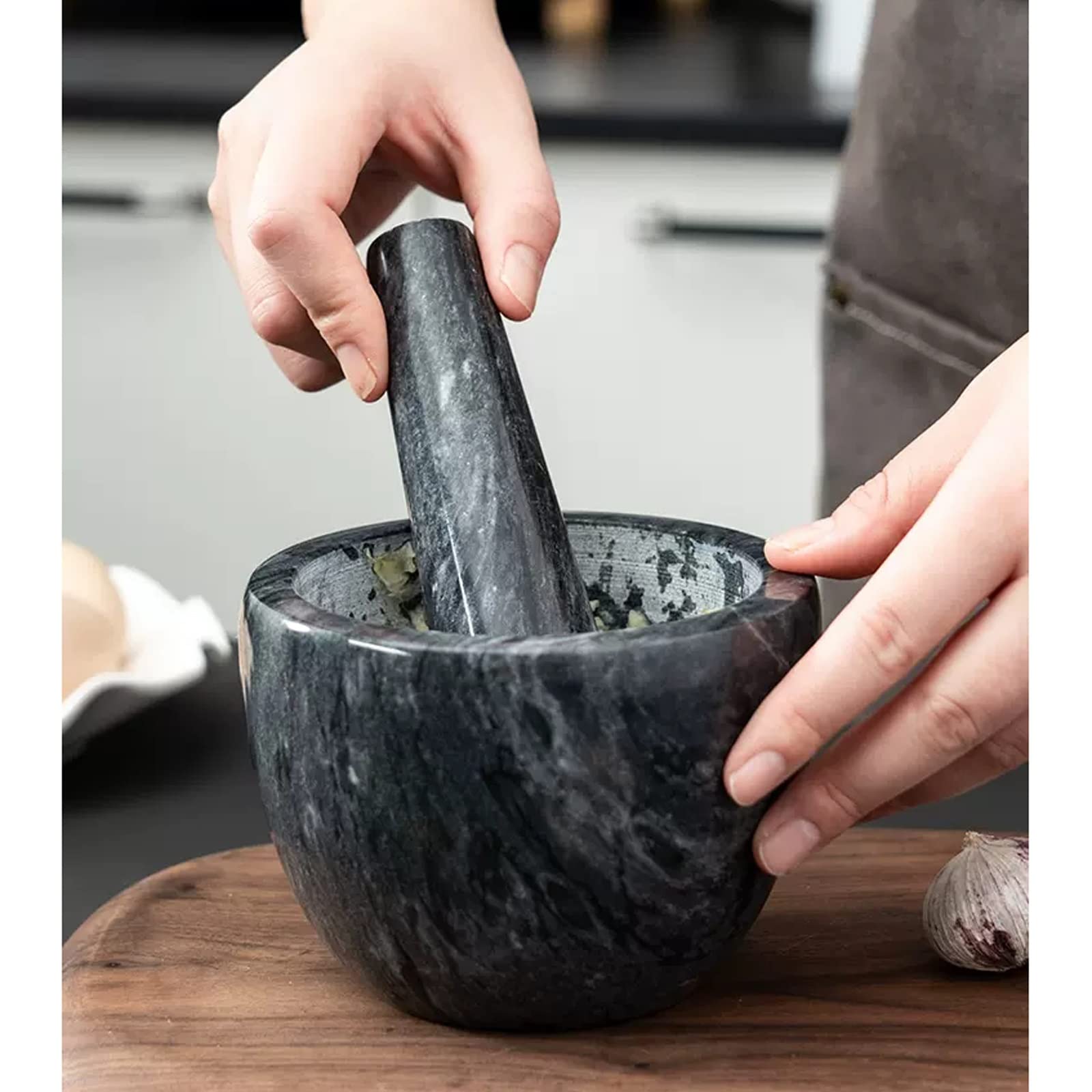 Knoblauchpresse Edelstahl Marmor-Mörser und Stößel-Set, 4,7 Zoll, Gewürzzerkleinerer, Rührschüssel, Pillenzerkleinerer, Pfeffermühlen-Mörserstößel, Knoblauchmühlen-Zerkleinerer, DIY-Werkzeug for die K