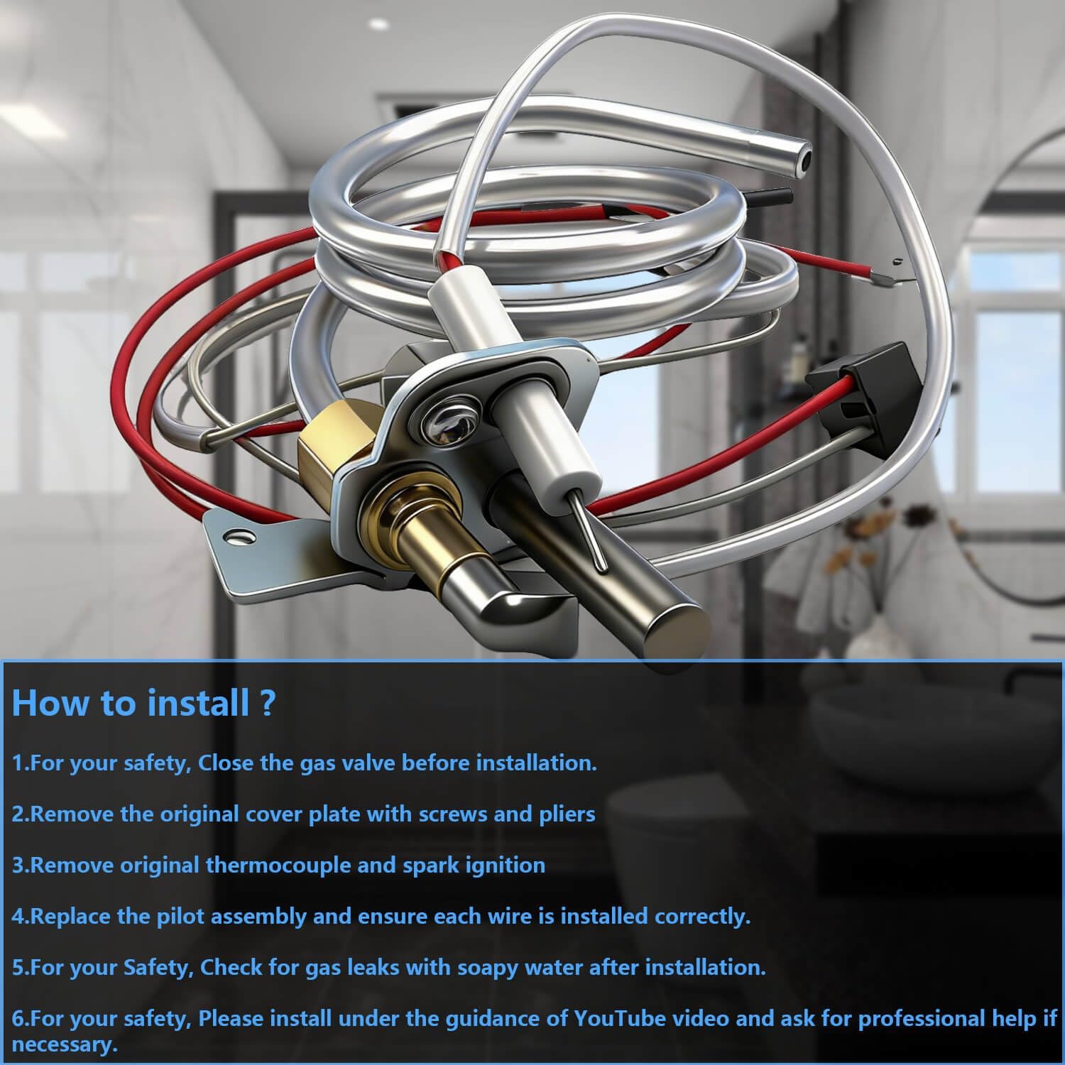 100112330 Water Heater Pilot Assembly Nat Gas Assembly with Thermopile Compatible with AO Smith, American, Whirlpool, State, Kenmore, Reliance Reliance Water Heater Replacement Parts 9007876 9007877