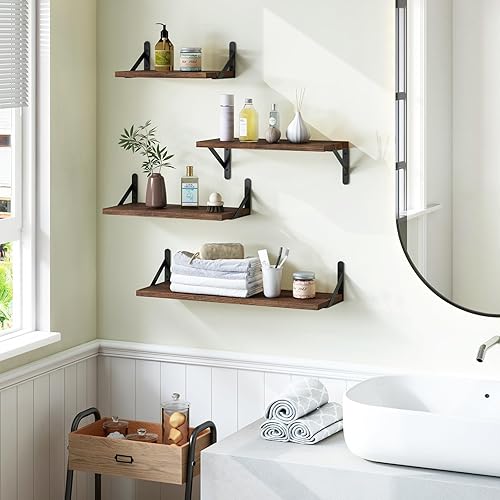 Miniatura 2 de YGEOMER Estantes flotantes, estantes de madera rústica, 4 juegos de estantes montados en la pared para decoración de baño, dormitorio, sala de estar