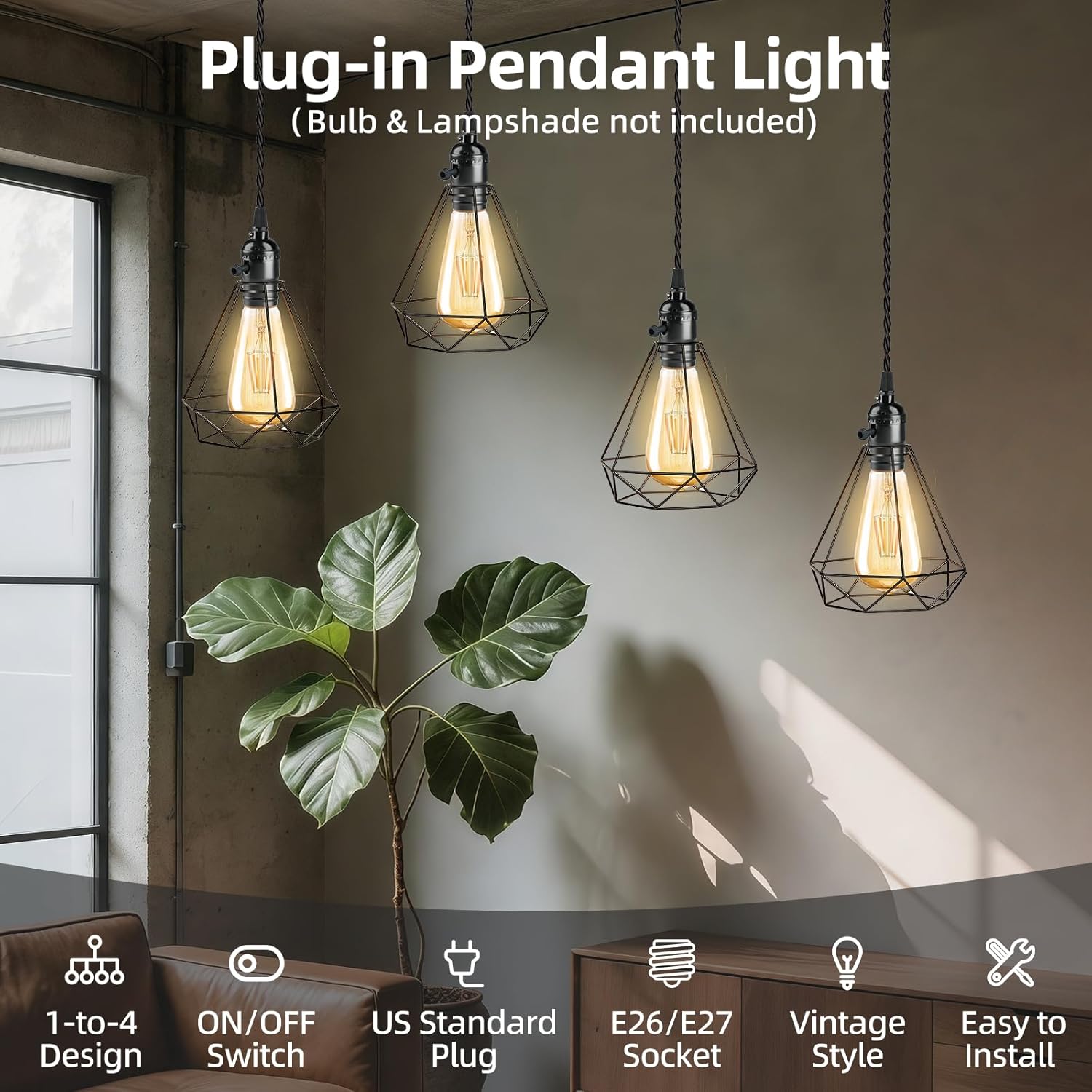 Vintage Plug-in Pendant Light Kit with 1-to-4 Hanging E26/E27 Sockets, Industrial Hanging Light with Individual Rotary Switches, Easy DIY Lighting for Living Room, Patio and Plant Corners, Black