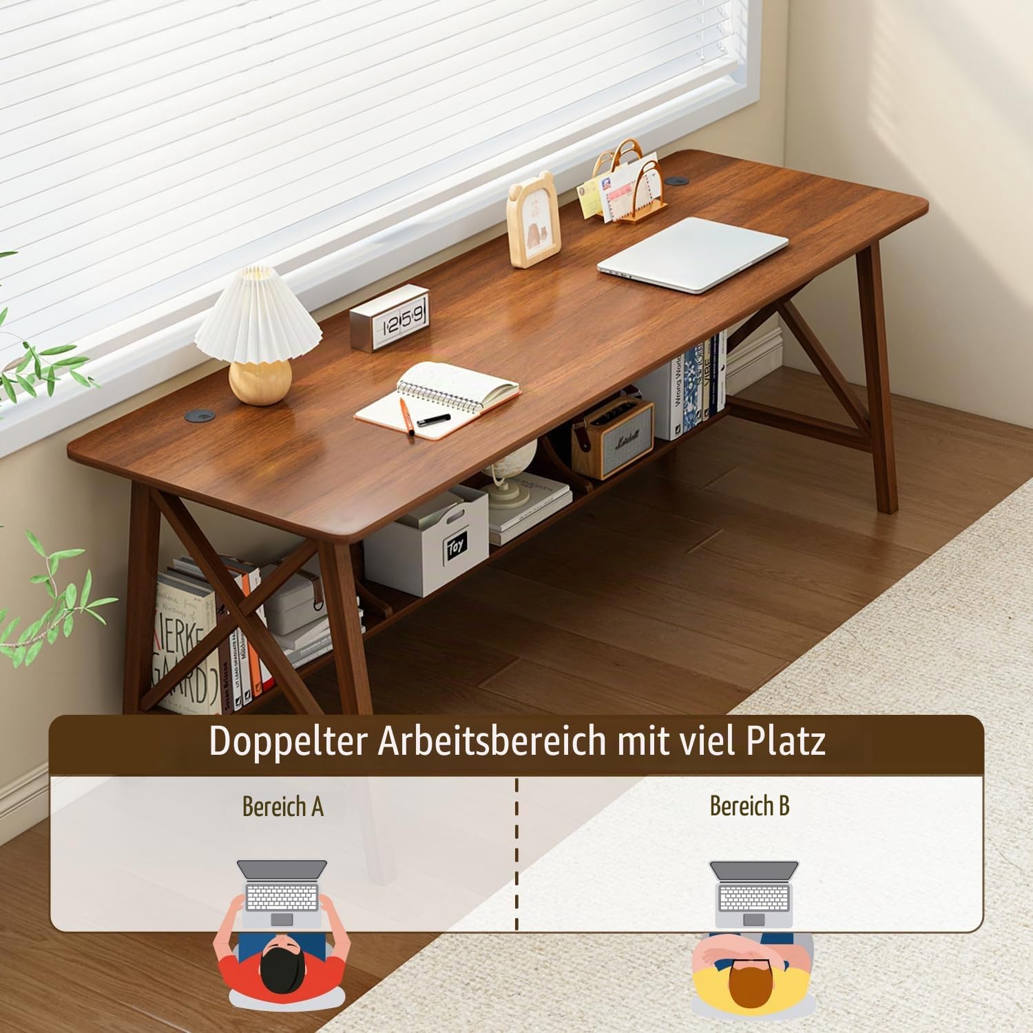 NELYE Holz Langer Schreibtisch mit Regal - 120 x 40 cm Stabiler PC-Tisch