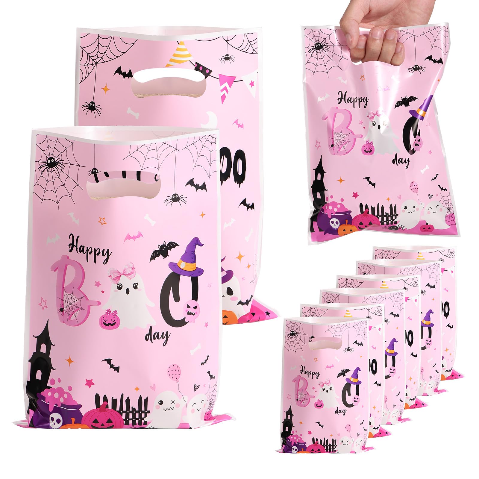 BOXOB 50pcs Gift Bags, Pearlescent Film Pink Little Boo Halloween Party Favors with Handles Cute Boo Theme Goodie Candy Bags Supplies for Party Decoration