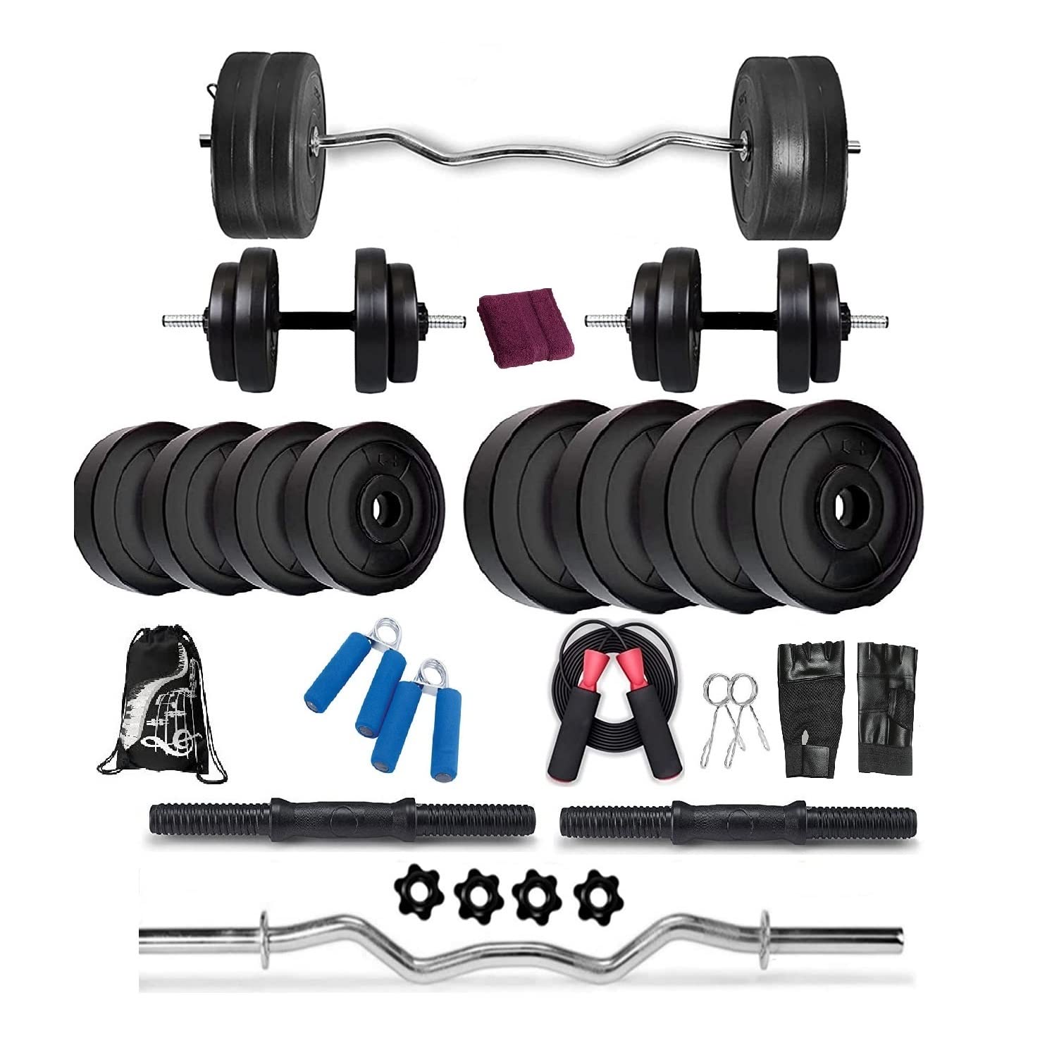 BODYFIT Home Gym Combo Set, Gym Equipments, [8 kg-52 kg] with 3 Ft Curl Rod + 1 Pair of Dumbbell Rod with PVC Dumbbell Plates, Exercise Set, Home Gym Kit with Gym Bag (10KG COMBO SET)