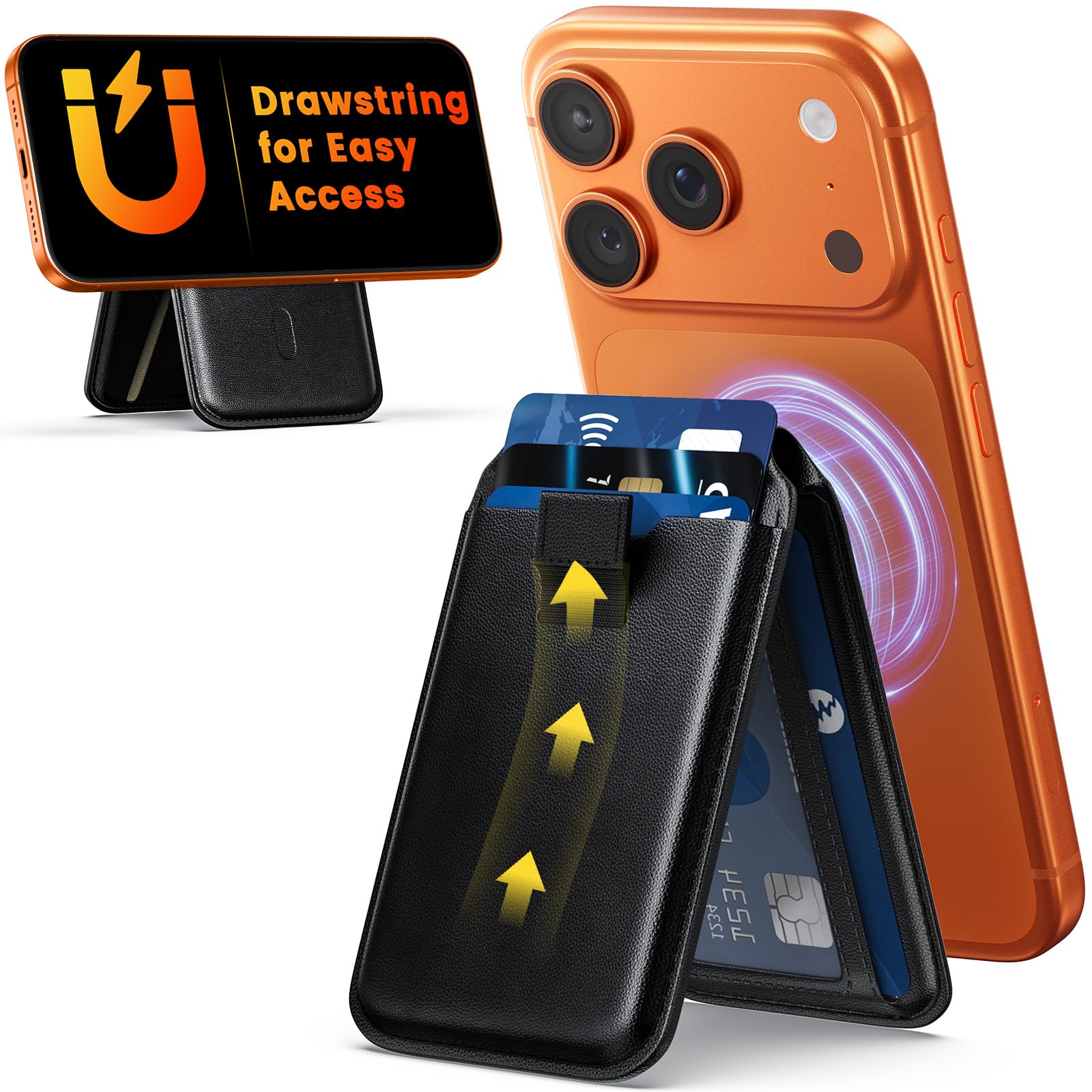 Upgraded Mag-Safe Wallet Stand with Drawstring Lightweight Vegan Leather Magnetic Card Holder Adjustable Phone Wallet Magnetic for iPhone 12-17 Series Not for iPhone 13/12 Mini (Black)