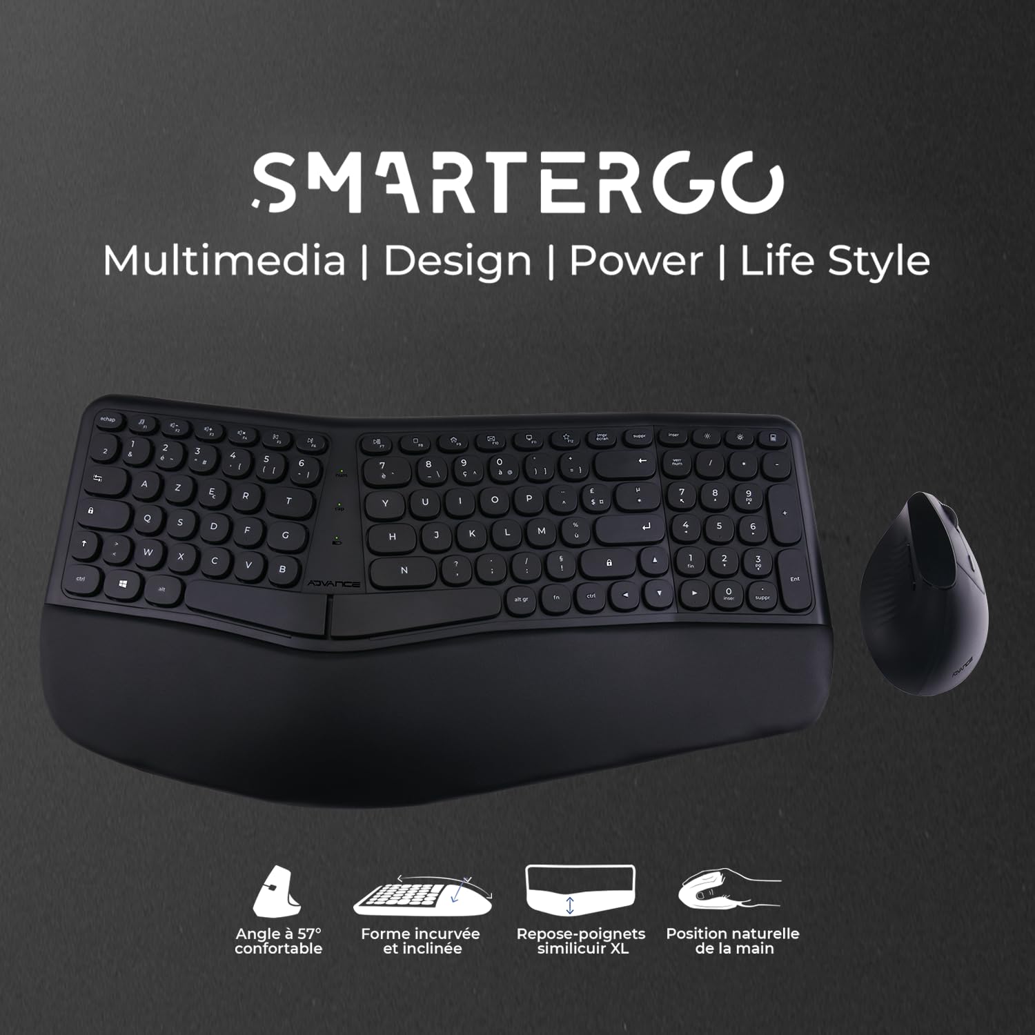 AD ADVANCE - Smartergo, Ensemble Clavier Souris sans Fil Ergonomique pour PC, Souris Verticale 57° Réglable 1600 DPI, Clavier AZERTY avec Repose-Poignets 112 Touches & 12 Raccourcis, 2.4 GHz, Noir