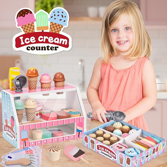 Atoylink Ice Cream Shop Ice Cream Wooden Toy Gifts Girls 3 4 5 6 Years Ice Cream Shopping Shop Children's Kitchen Accessories with Play Money Ice Counter Ice Cream Sale Merchant Shop Accessories Wooden Gift Girls