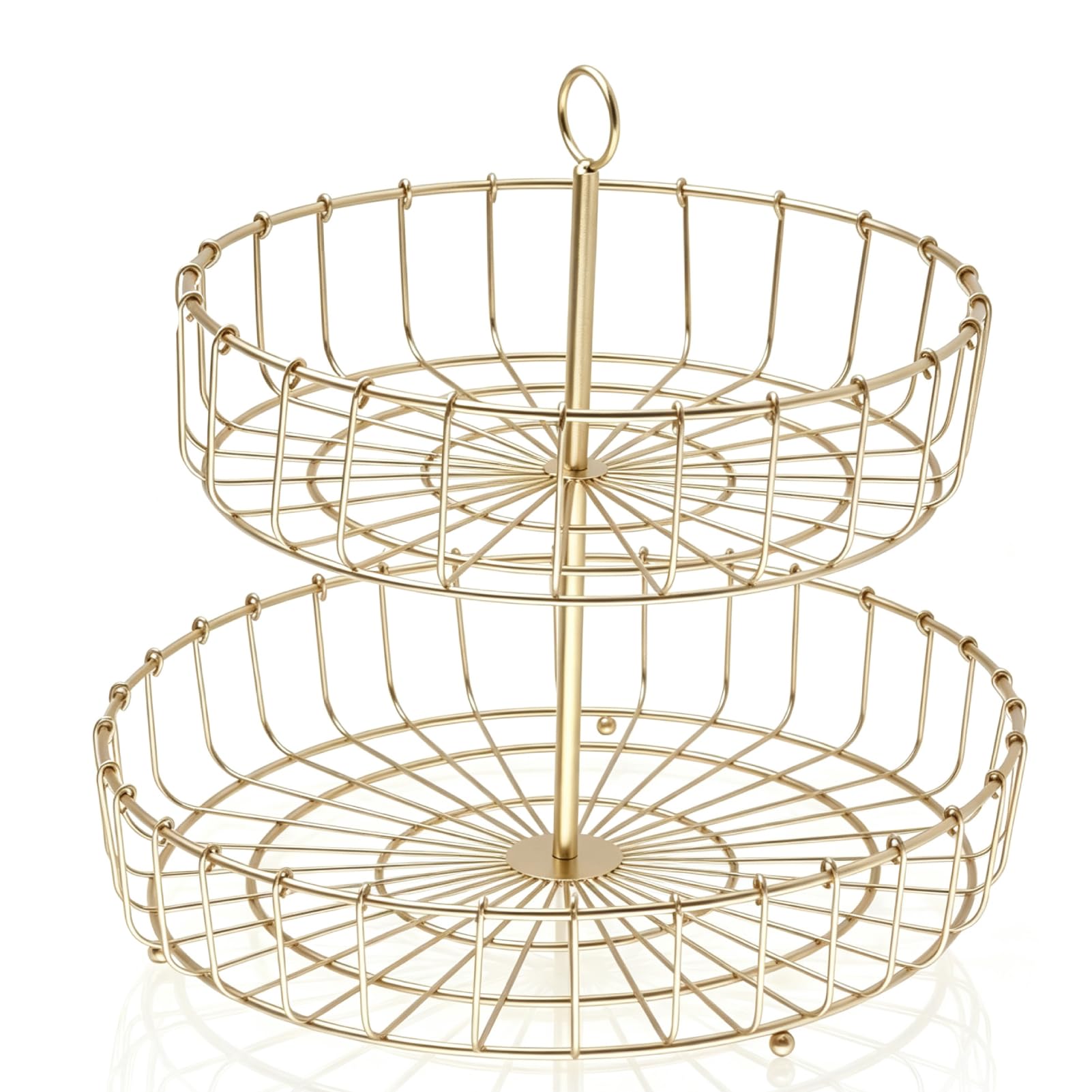 Tomedny 2 Tier Fruit Basket, Round Golden 2 Tier Countertop Metal Vegetable Holder Household Snack Storage Tray for Fruits Veggies Snacks