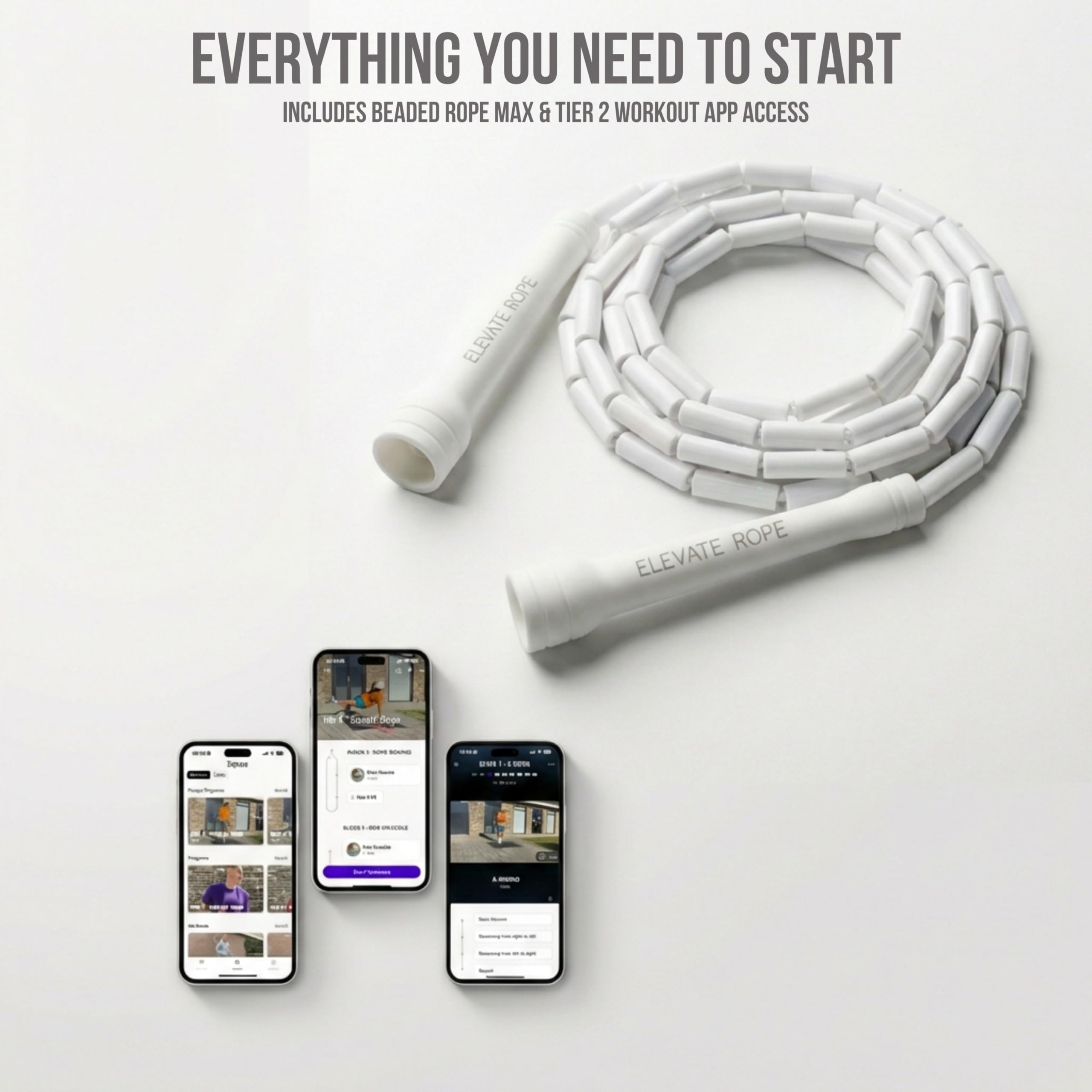 Elevate Beaded Jump Rope - Professional jump rope with an adjustable length up to max. 3 mt, thickness 3 mm poly cord/8mm including beads, weight 0.1 kg. (White)