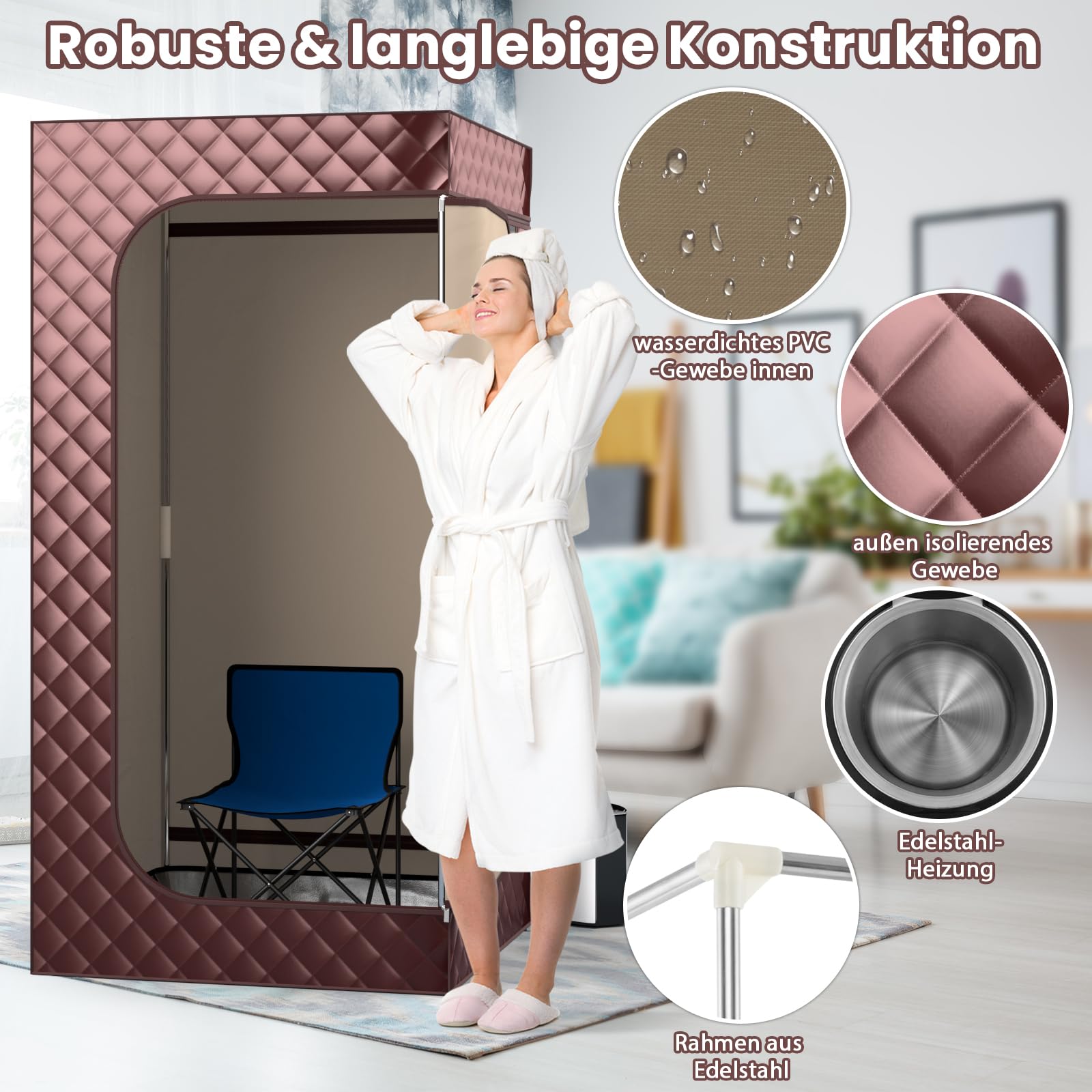 RELAX4LIFE Mobile Dampfsauna 3L, Heimsauna mit Fernbedienung&Saunastuhl, Sitzsauna mit 9 Temperaturstufen, Timer&Vernebelungsfunktion, Mini Sauna 1000W Verdampfer, Saunakabine 91x91x183cm (Kaffee)