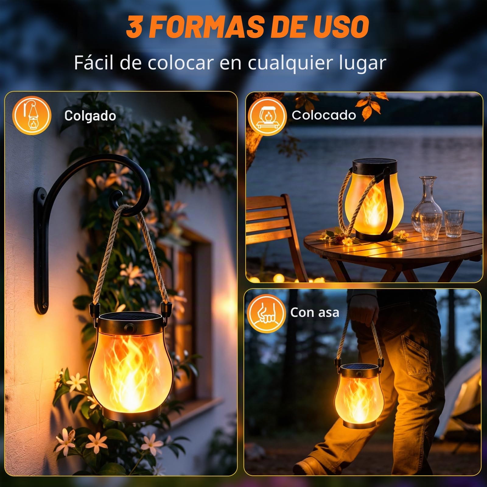2 Piezas Farolillos Solares llama Exterior,Llama Danzante Faroles Colgantes Impermeables con Cuerda de Cáñamo, IP64 para Campamento, Jardín, Mesa Exterior, Patio, Balcón