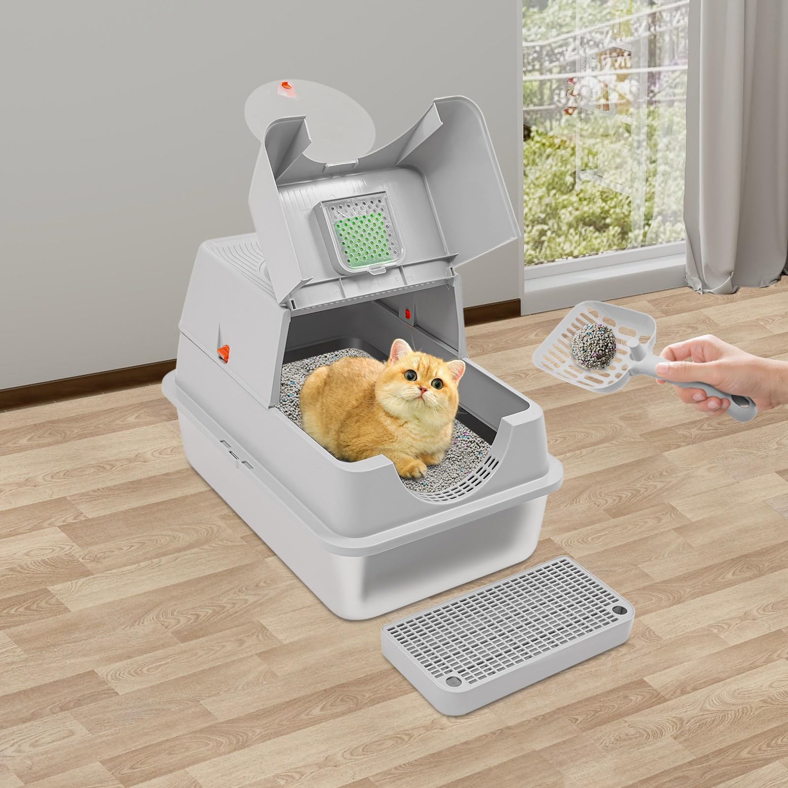 Herausnehmbar Katzenklo Geschlossen Zwei-Tür Katzenklo Edelstahl Katzenklo mit Deckel, Schaufel und Fußstufe Katzenklo Edelstahl Katzenklo mit Deckel Katzen Toiletten (Hellgrau)