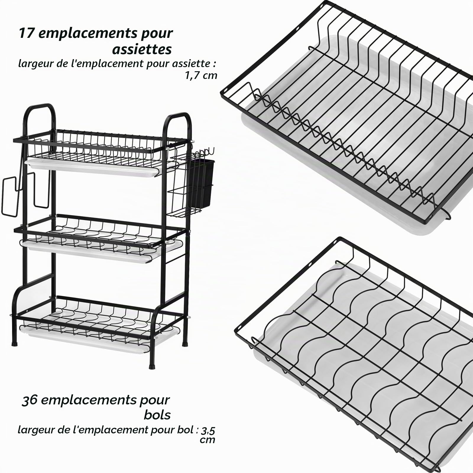 Egoutoire Vaisselle Cuisine à 3 Niveaux Égouttoir à Vaisselle en Métal Egouttoir Vaisselle Noir avec Bacs d'Égouttement et Porte-Ustensiles
