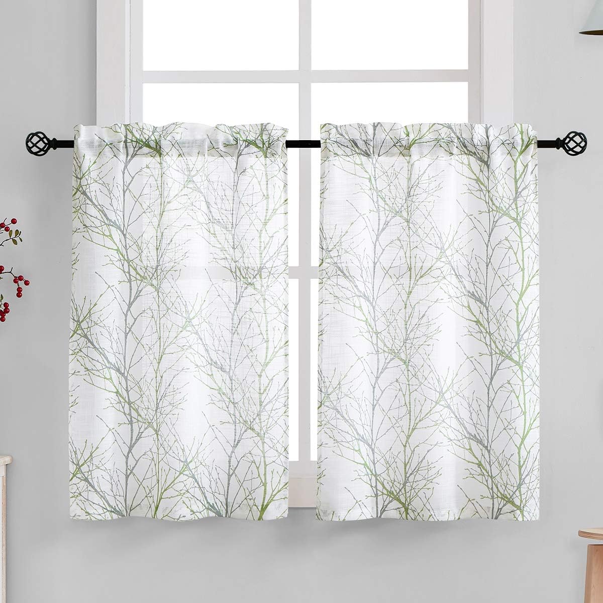 FMFUNCTEX Sage Green Kitchen Curtains Windows Tree Branch Patterned Semi Sheer Linen Tiers for Bathroom Small Café Curtains 24 Inch Length Grey Farmhouse Rustic Curtains Rod Pocket 2 Panels Set
