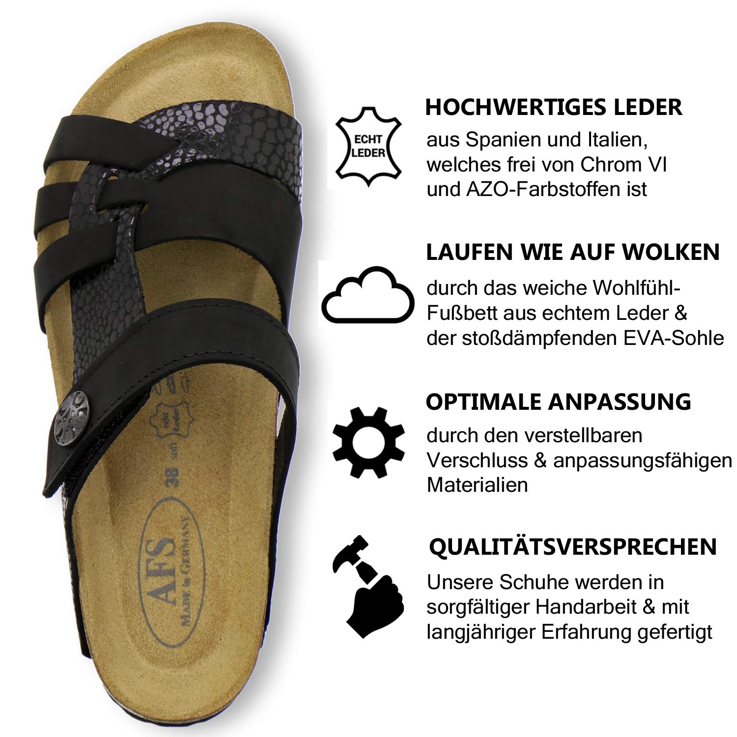 AFS-Schuhe 2120 Damen Pantoletten aus Leder mit Klettverschluss, Bequeme Hausschuhe für Frauen mit Fußbett, Made in Germany