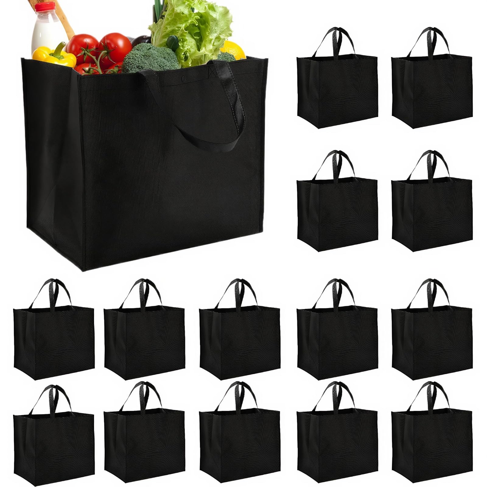 15 Pack Large Reusable Grocery Tote Bags with Handles, Foldable Non-Woven Shopping Bags, 33x38x24cm - Black