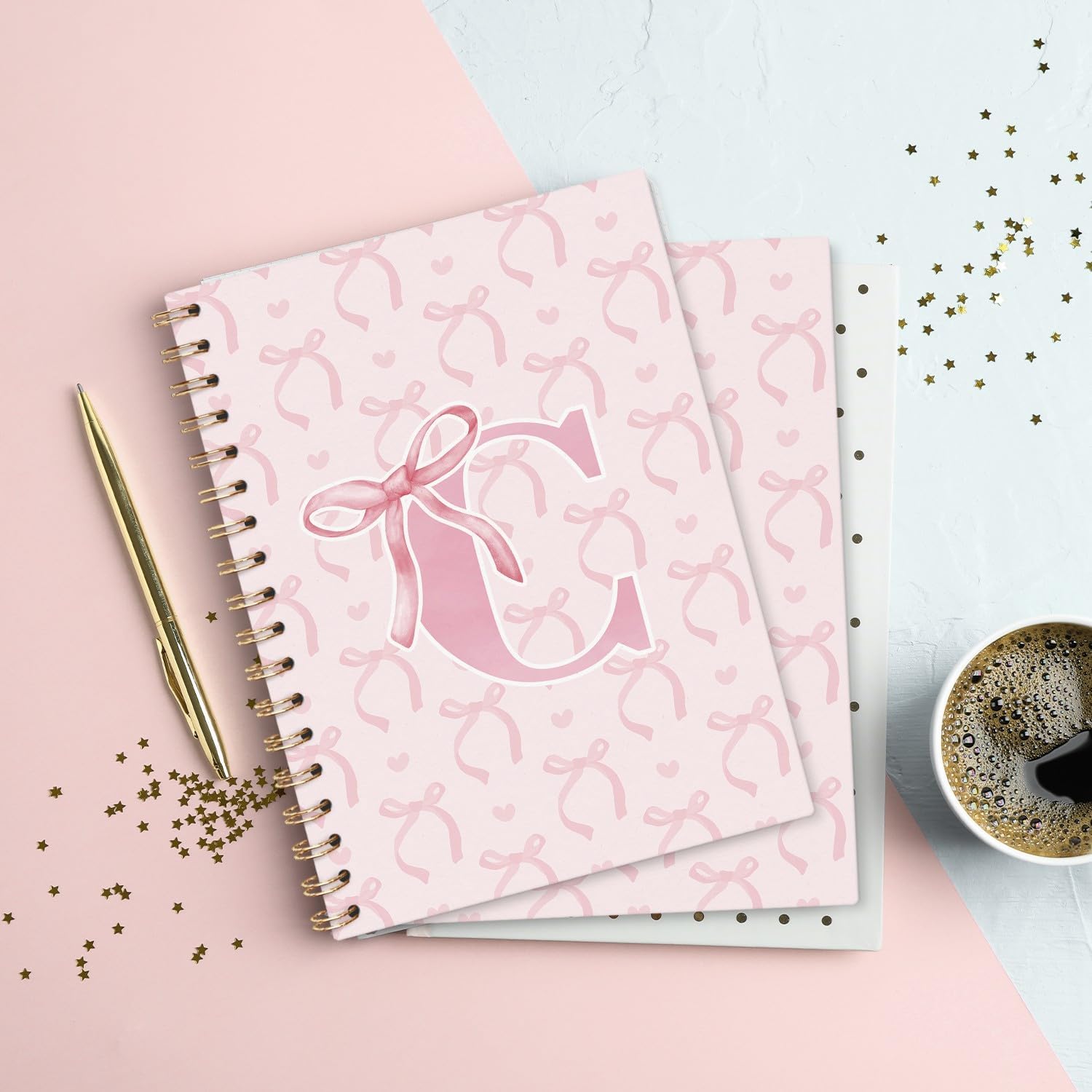 Coquette Pink Bow Notebook, Initial C Notebook Personalized Teen Girl Gifts, Preppy Gifts for Women Teen Girl, Funky Girly Style Hardcover Spiral Notebook 5.5x8.3 - Image 2