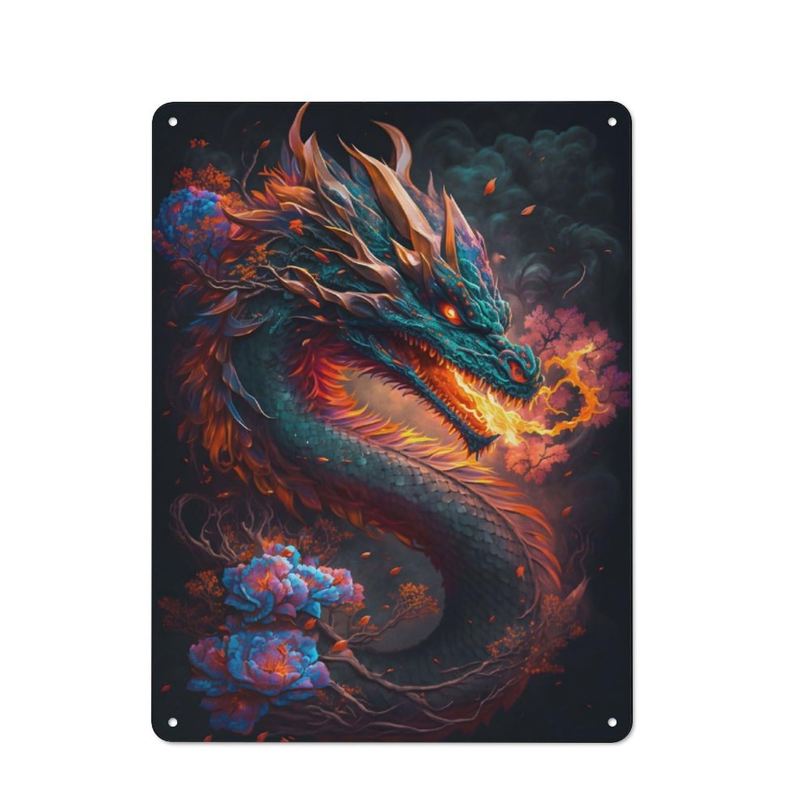 Junmoney Dragon Flowers Rustic Tin Sign 40X30cm Featuring For Garage Or Workshop, For Updating Garage And Workshop After Moving