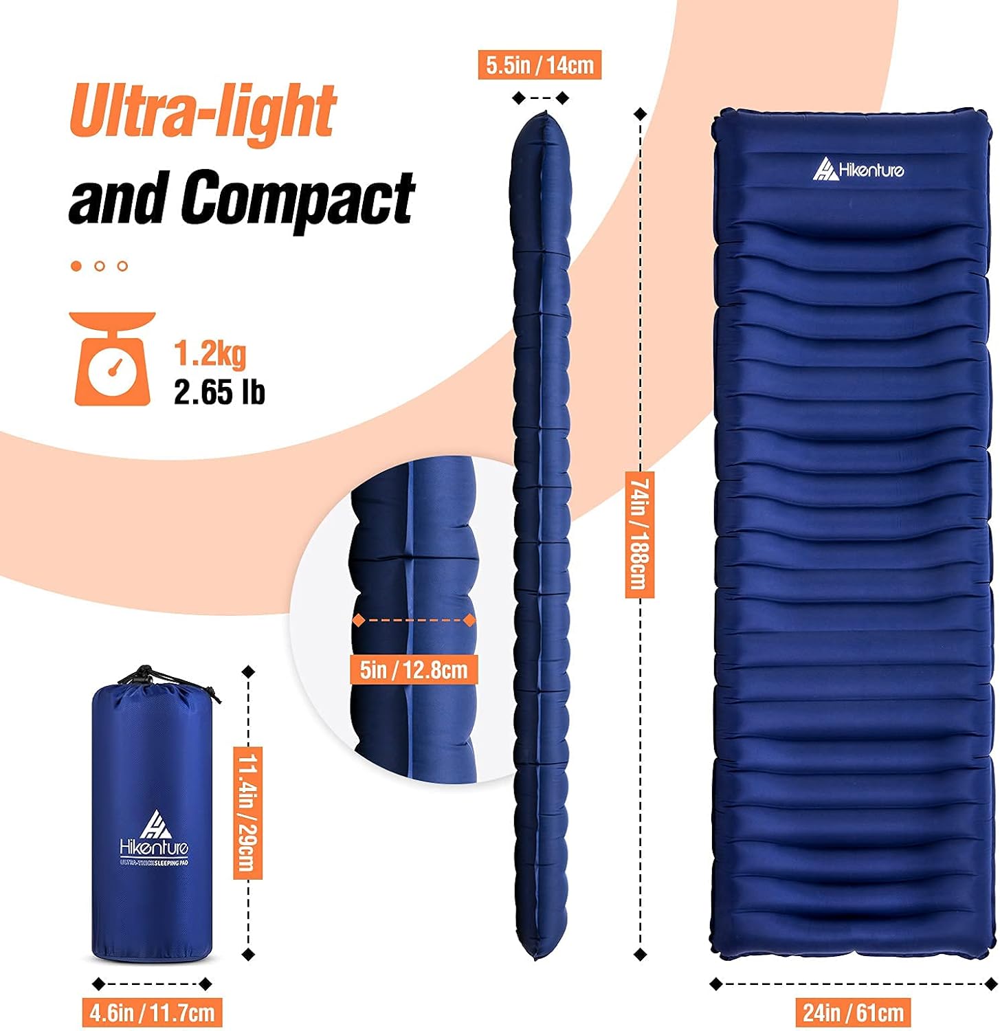 Hikenture Camping Sleeping Pad with Built-in Pillow,Ultra-Thick 5 Inch, Backpacking Sleeping Mat,Ultralight,Inflatable &Compact Camp Air Mattress for Tent,Cot,Hammock(1100-B) : Sports & Outdoors