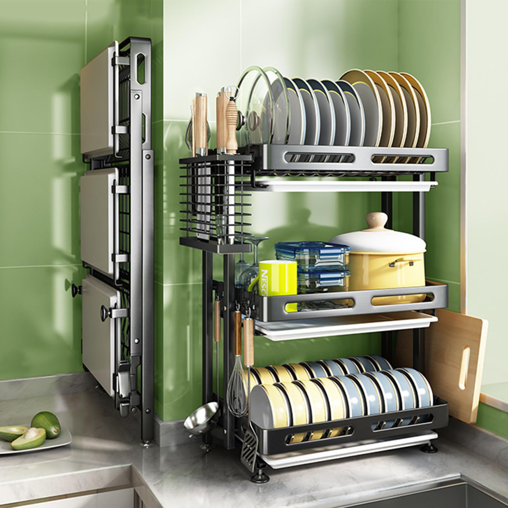 SBZIOJHDR dish drainer rack, 3 Tier Folding Anti-Rust Dish Drainer Rack with Drip Tray