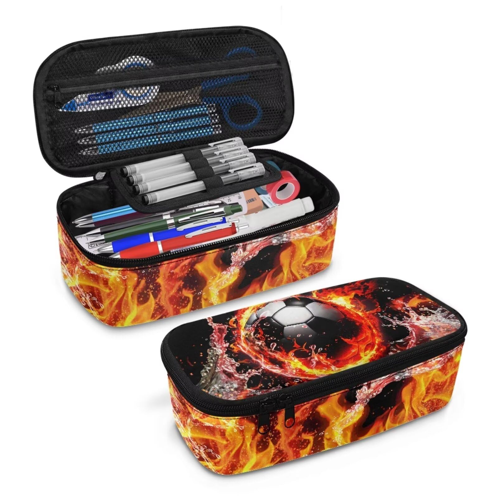 COEQINE Soccer Pencil Case for Boys Pencil Case for School Football Pencil Box for Teen Boys Middle School 10-12 Age Large Capacity Pencil Organizer with Handles,3D Burning Soccer Ball