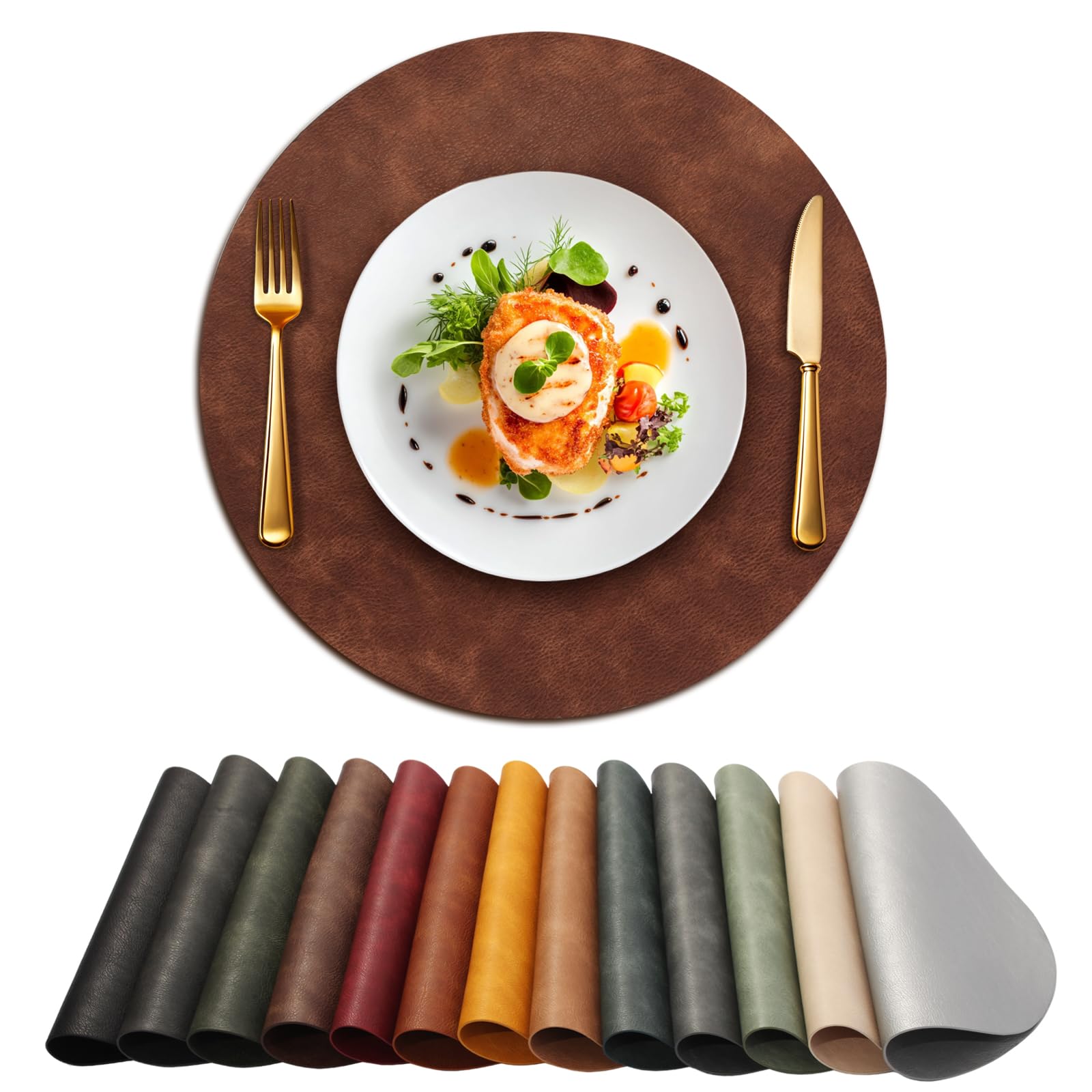 UnivoColors Placemats Round Faux Leather Placemats Set of 6-Waterproof-Wipe Clean-Heat Resistant-Anti Slip Dining Table Place Mats,Suitable for Indoor &amp; Outdoor Use,15".Retro Coffee Brown