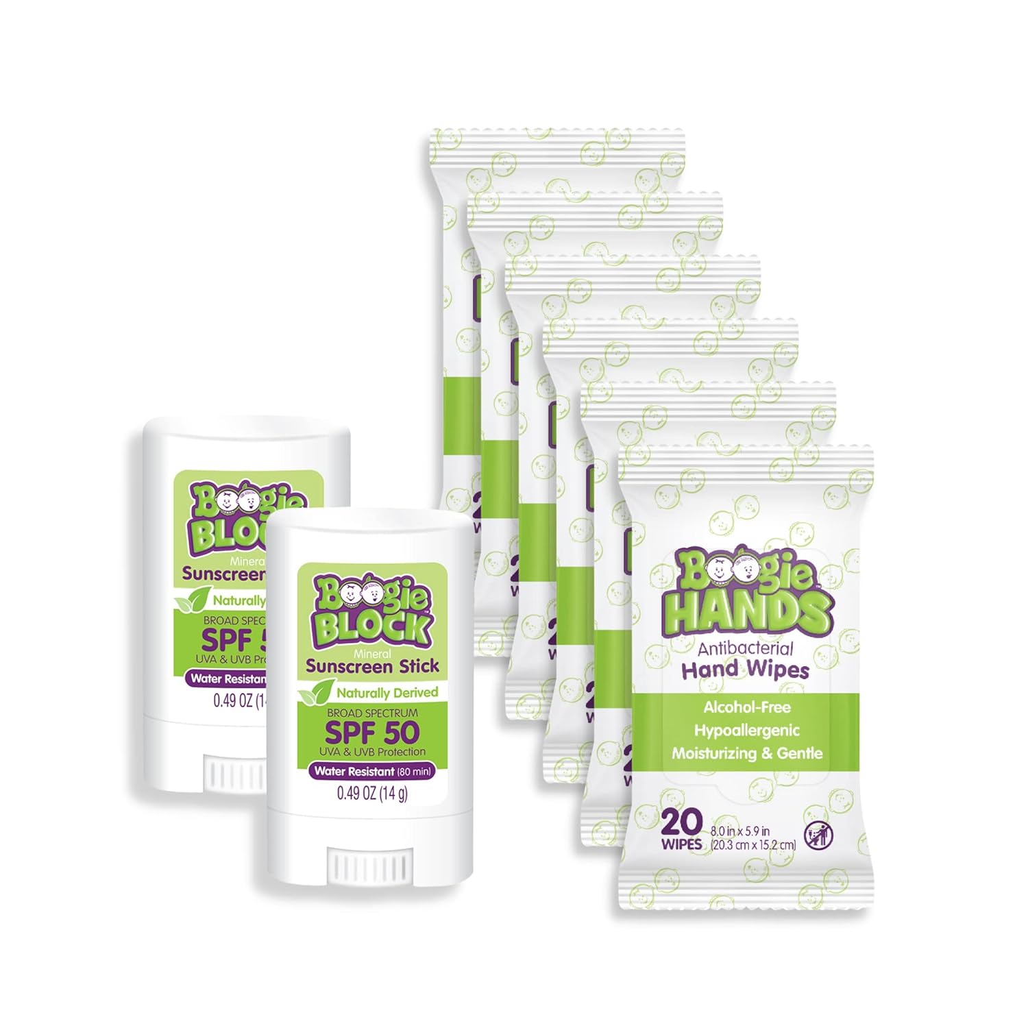 Boogie Fun and Safe in the Sun Kit Wipes, Bundle Includes Pack of 2 Block, and Pack of 6 of 20 Count Hands Alcohol Free Sanitizing Wipes
