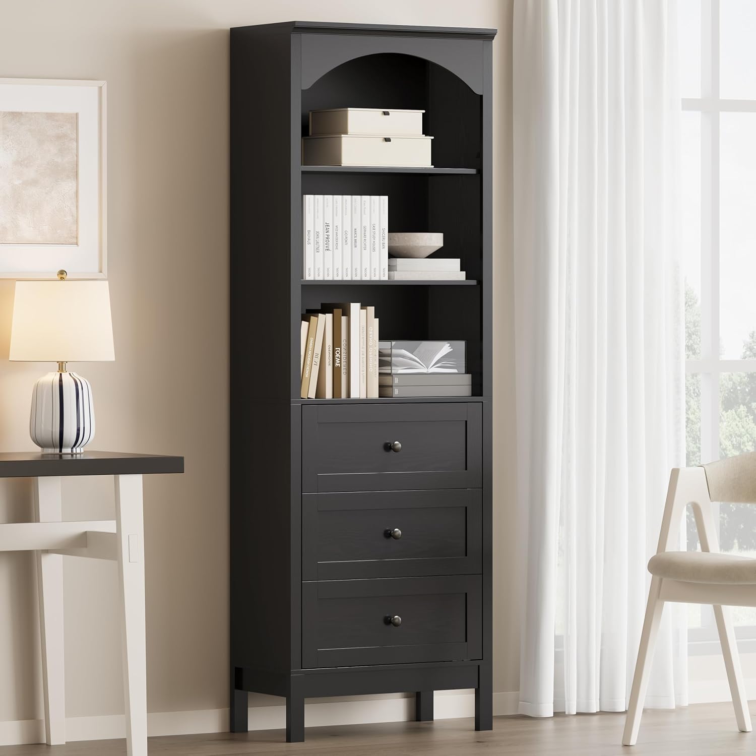 Bookshelf with Drawers, 71" Tall Wood Bookcase with Adjustable Shelf, 24" Wide Arched Book Shelf, Floor Standing Display Storage Cabinet for Home Office, Study and Living Room, Modern Black