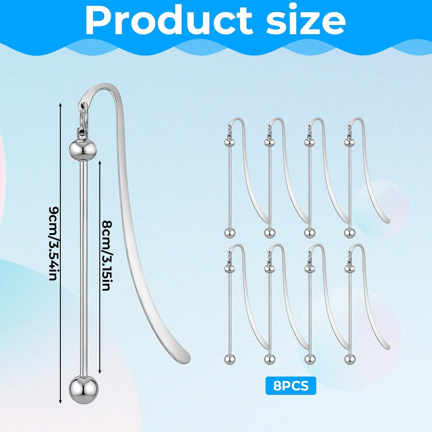 8 Pcs Beadable Bookmarks DIY Metal Blank Beaded Bar for Jewelry Making, Beadable Bookmark DIY Bookmarks Hooks Craft Pendant Blank Book Charms Gift for Book Lovers, Teachers, Office Supplies (Silver) - Image 3