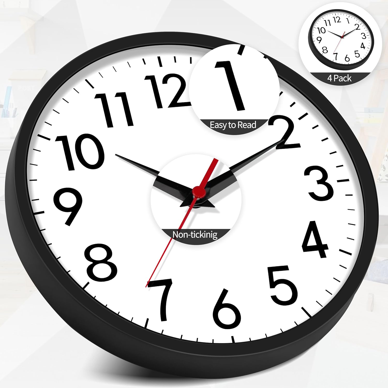 Multi Time Zone Clock 4 Pcs, 12 Inch Silent Wall Clocks Non-Ticking Battery Operated Round Analog Classic Clock Modern Design for Office Classroom Bedroom Garage Living Room Kitchen Bathroom