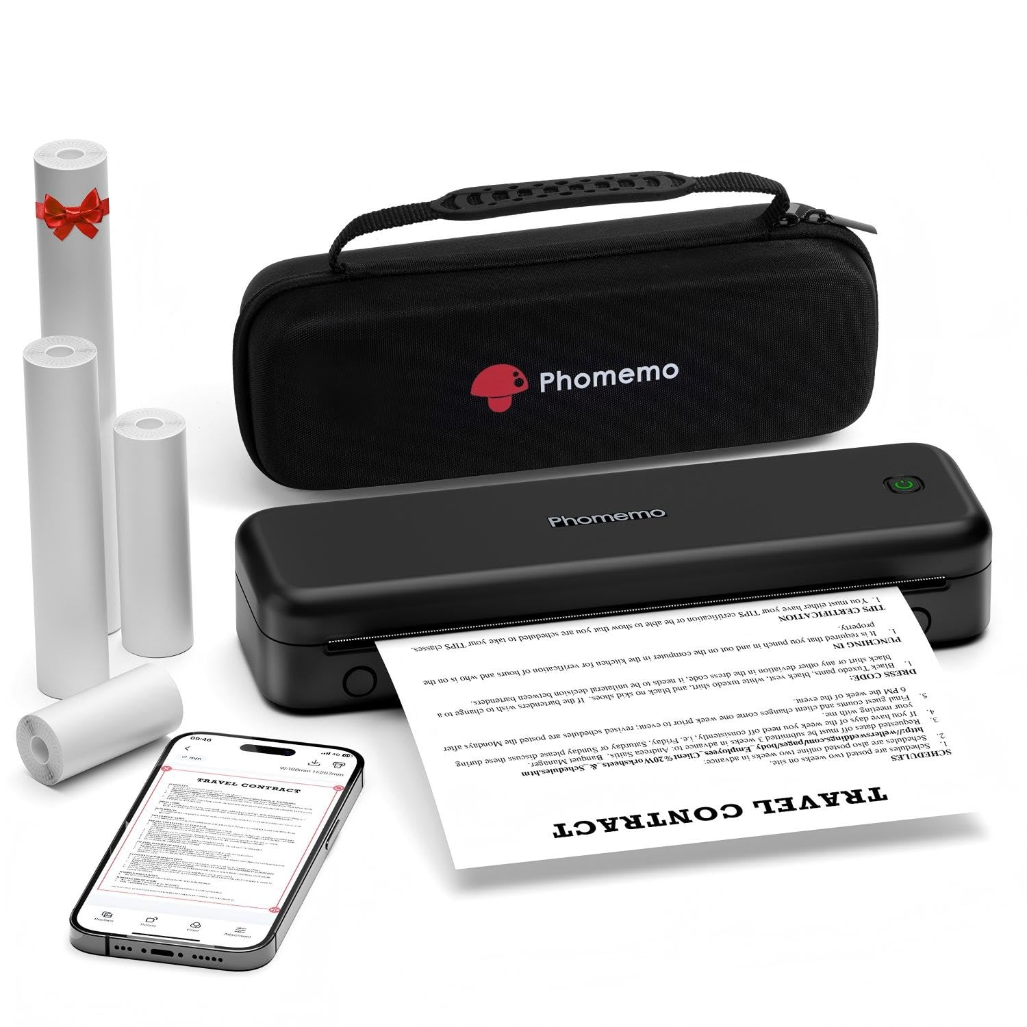 Phomemo M834 Thermodrucker A4, Mobiler Drucker A4 für Unterwegs, Büro, Schule, Zuhause, Kompatibel mit Smartphones und Computern, Tragbarer Drucker mit Tragetasche und 4 Rollen Thermopapier, Schwarz