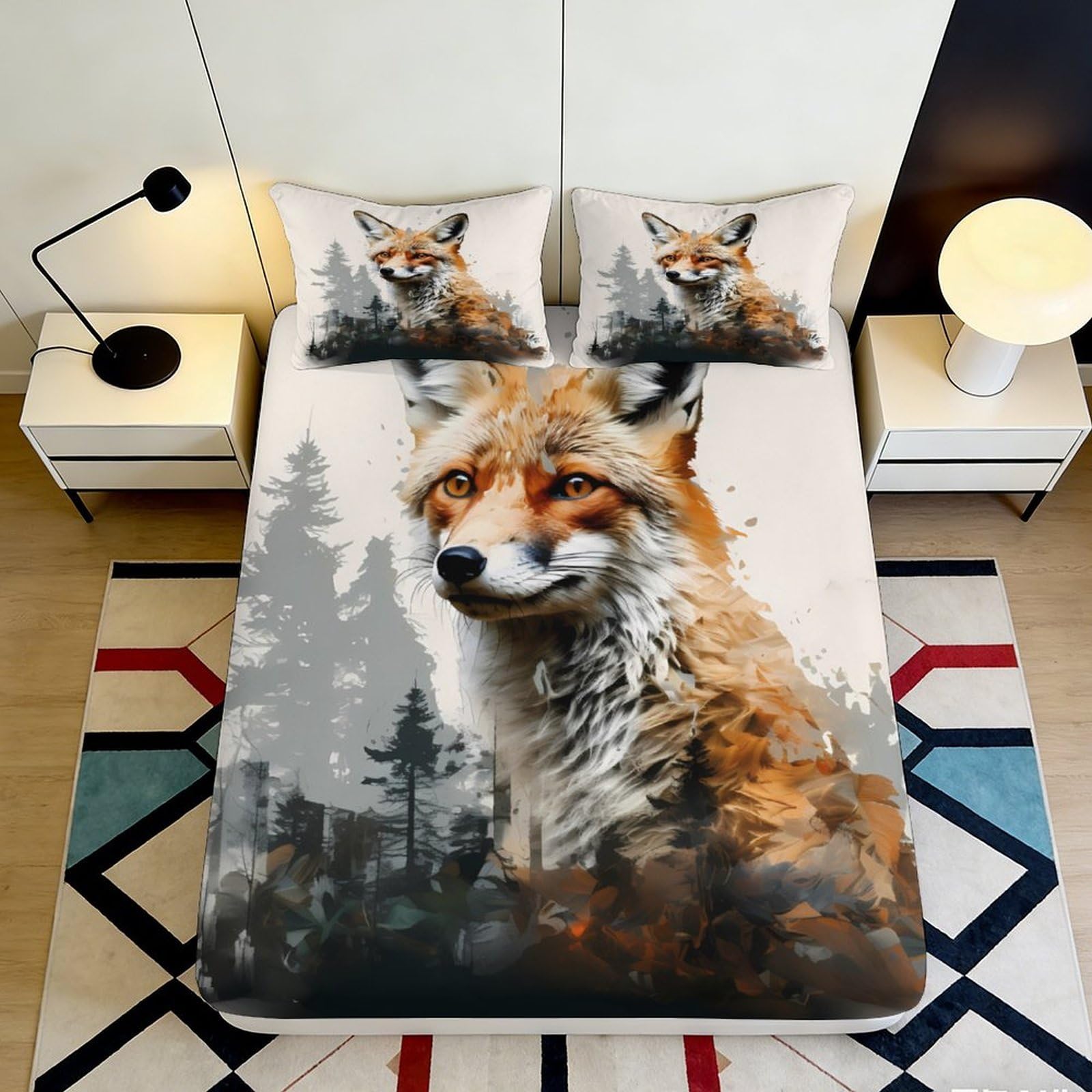 3D Printed fox forest Fitted Sheet, soft touch Microfiber, wrinkle resistant, guest room bedding, easy to remove, home decor accent, anti-slip, dustproof 90x200x25cm