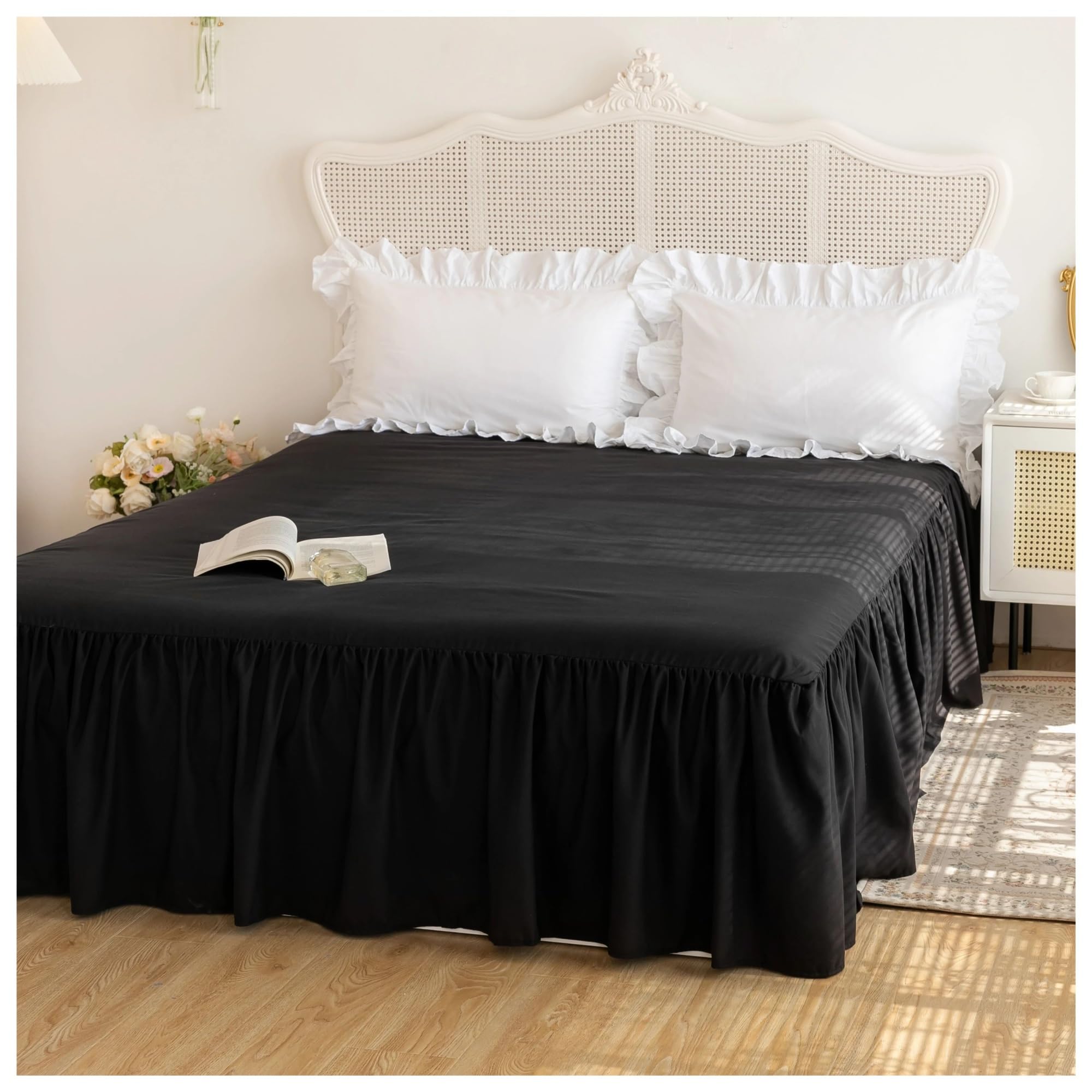 1 x Bettrock aus 100 % Polyester, einfarbig, plissiert, groß, breit, Spitze, bequem, weich, 1 Bettrock (schwarz, 200 x 200 cm)