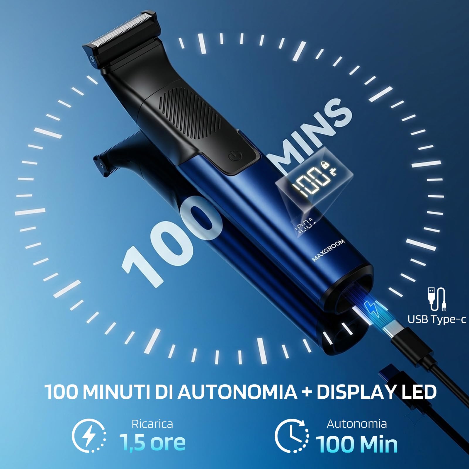 MAXGROOM 2 in 1 Rasoio Elettrico Corpo Uomo a Umido e Secco, Rasoio Parti Intime Uomo con 2 Testine, Depilatore Corpo, Display LED, Pettine Regolabile, Ideale per Palestra e Viaggi