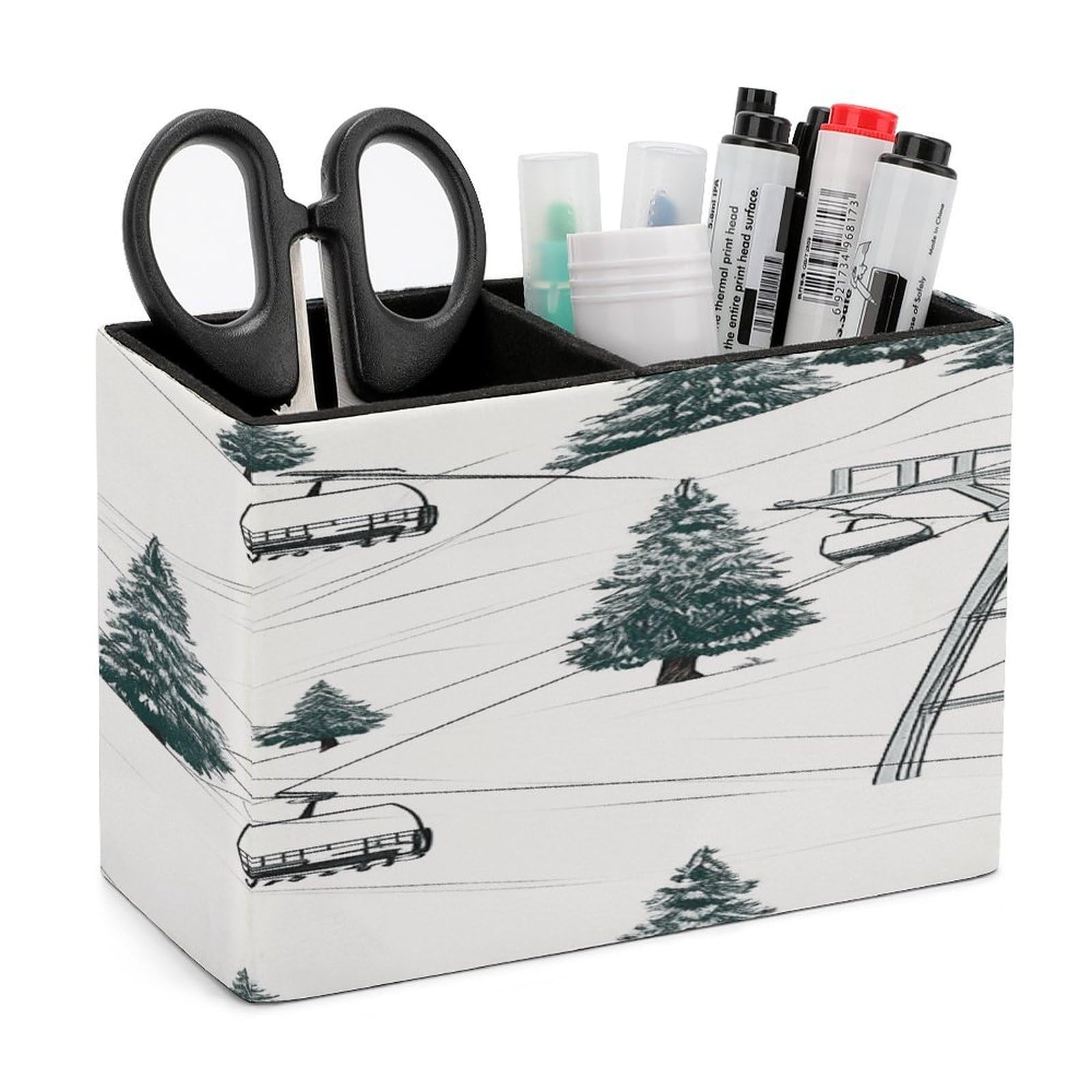 LDGSUPH Ski Lift With Fir Tree Leather Pen Holder for Desk Organizer Caddy Large Pencil Cup Multi-function Pencil Holder Makeup Brush Holders Pen Organizer for Home Office Storage Box