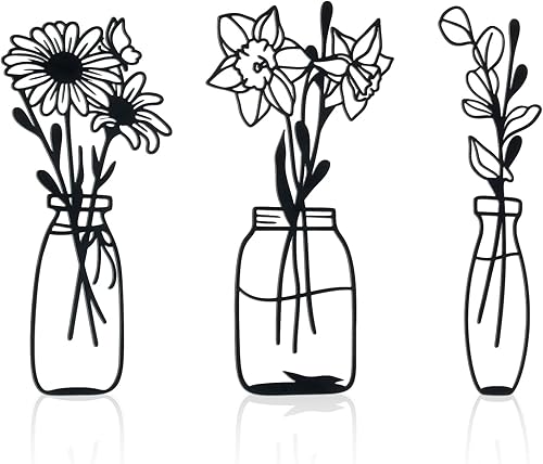 Zzbakress 3 piezas de flores y jarrones de metal, decoración de pared, arte minimalista, escultura de pared, narcisos, crisantemo, hojas de