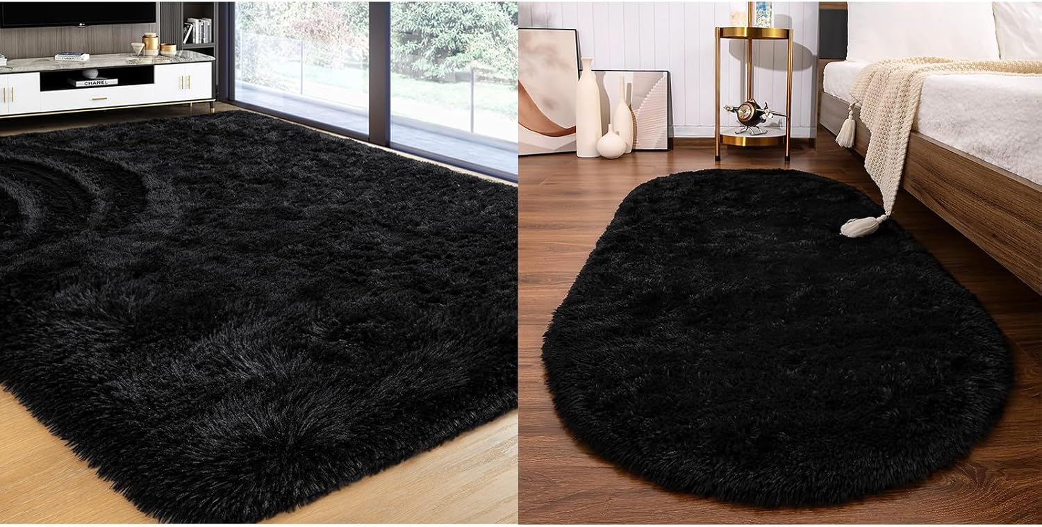 Softlife Rug for Living Room 5.3x7.6 and 2.6x5.3 Feet Area Rug for Bedroom Super Soft Shaggy Rugs for Kids Room Fluffy Fuzzy Carpets Long Plush Bedside Rug Nursery, Black