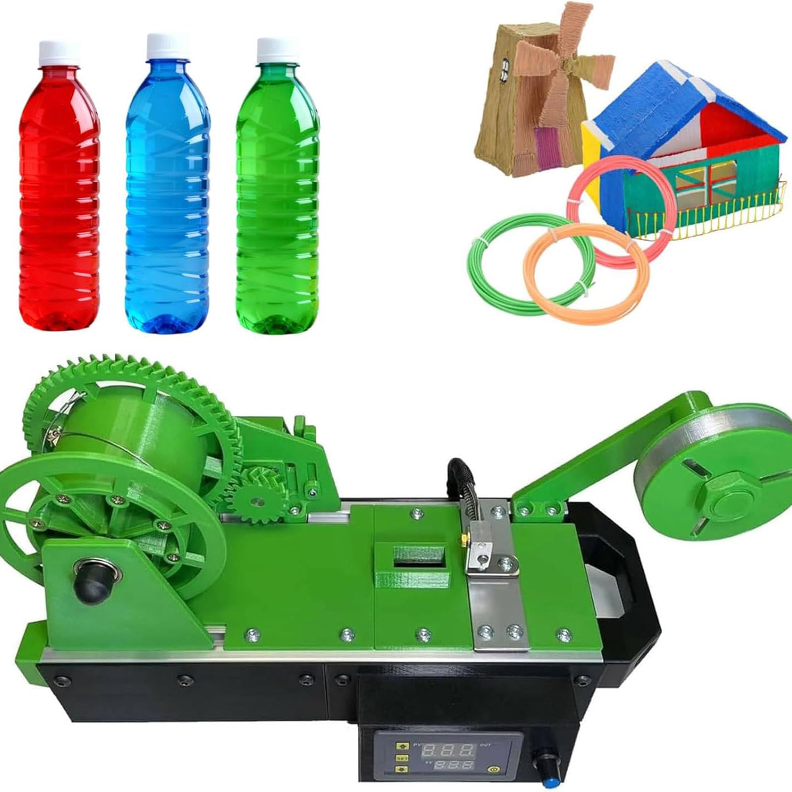 JozyJul Recycled PET Bottle Recycler, 3D Printed Bottle Recycler, Desktop Filament Extruder Machine, Pultruded 3D Filament from Plastic Bottles, PET Bottle Recycling Green