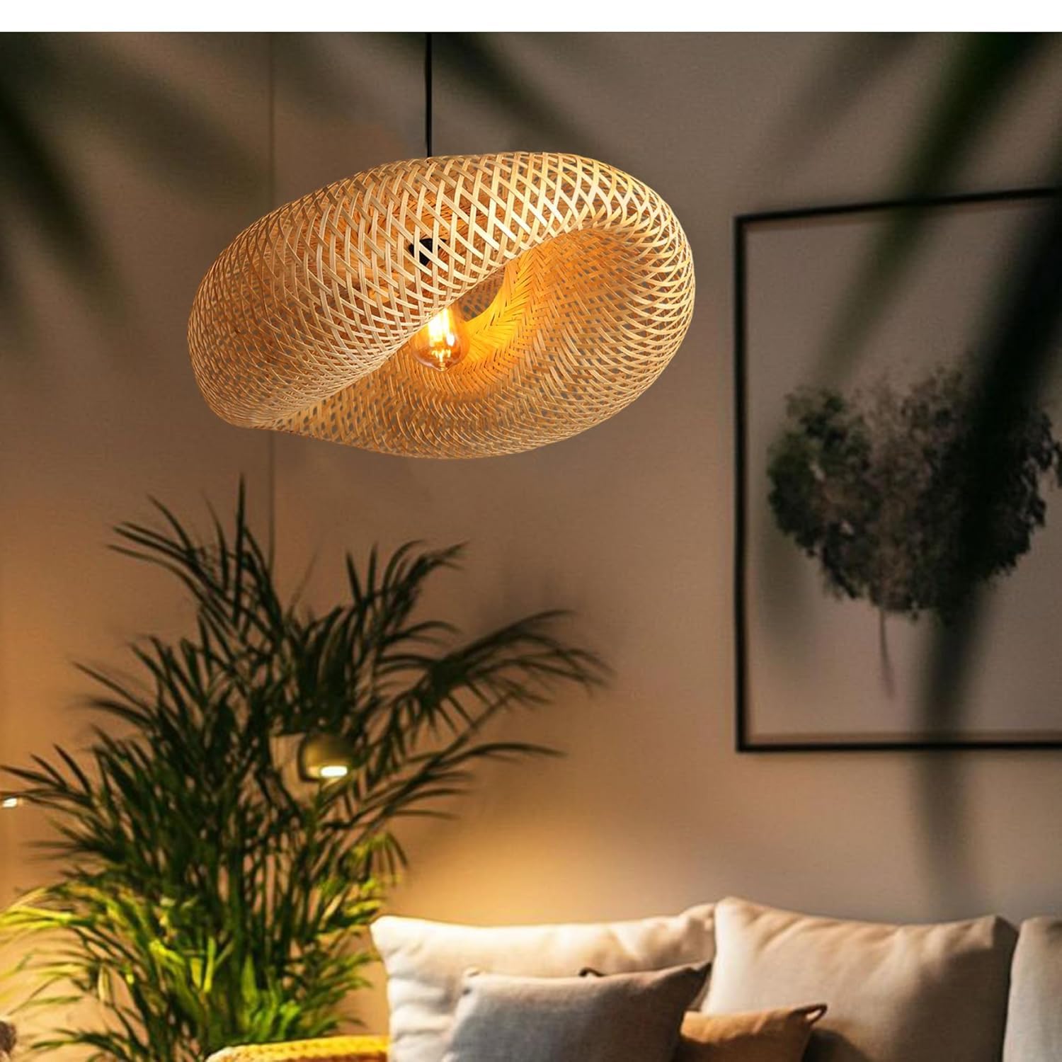 Handwoven Curved Bamboo Pendant Ceiling Light | E26/E27 Socket | Decorative Ceiling Light for Living Room, Dining Area, Café, Restaurant, Bedroom & Balcony-image-12